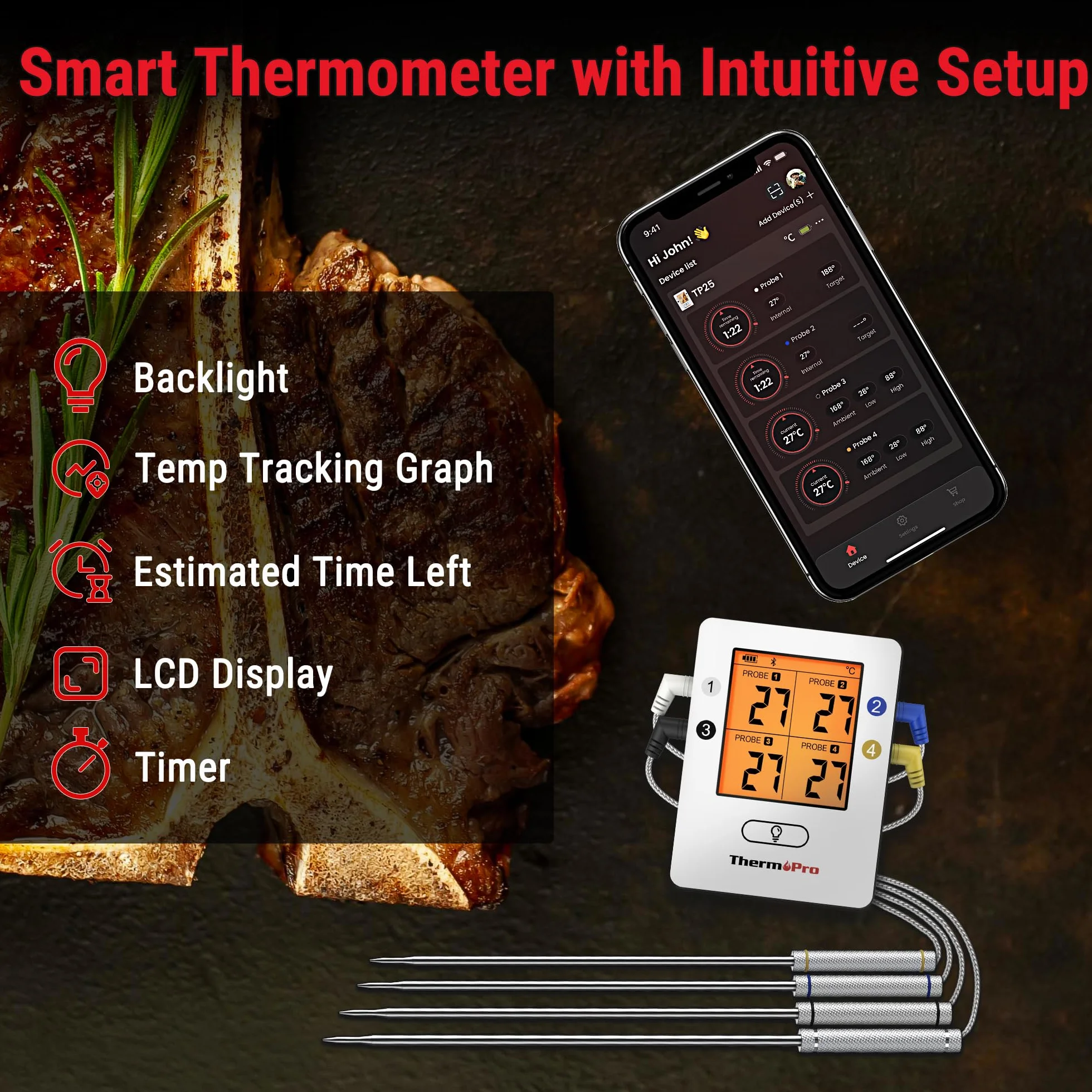 ThermoPro TempPro Bluetooth – bezprzewodowy termometr do mięsa z 4 sondami. Inteligentny, cyfrowy, do grilla, piekarnika i wędzarni. Z akumulatorem i alarmem