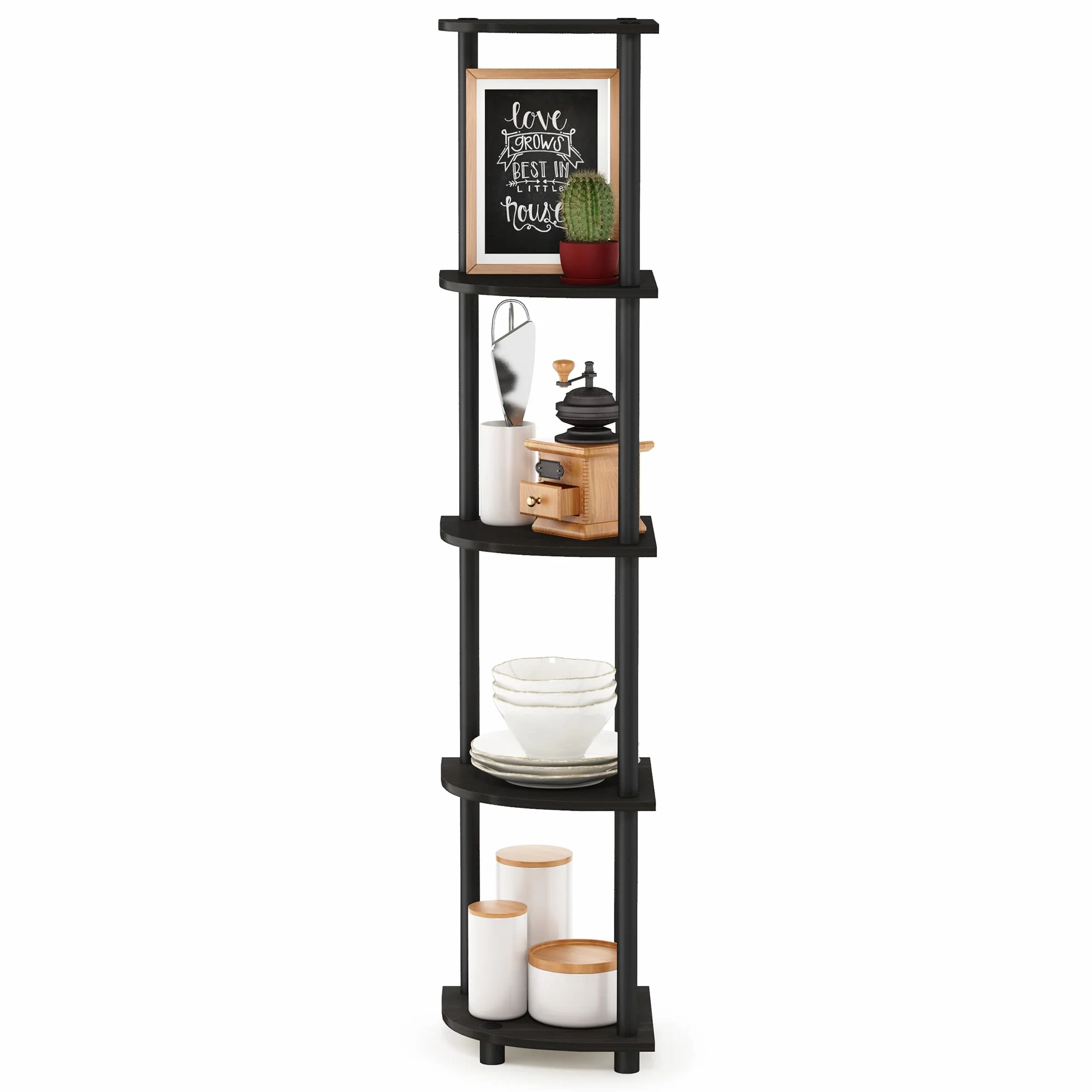 Furinno Regał narożny z 5 poziomami, regał wielofunkcyjny, drewno kompozytowe, rury PCW, espresso/czarny, 29,46 x 29,46 x 146,56 cm