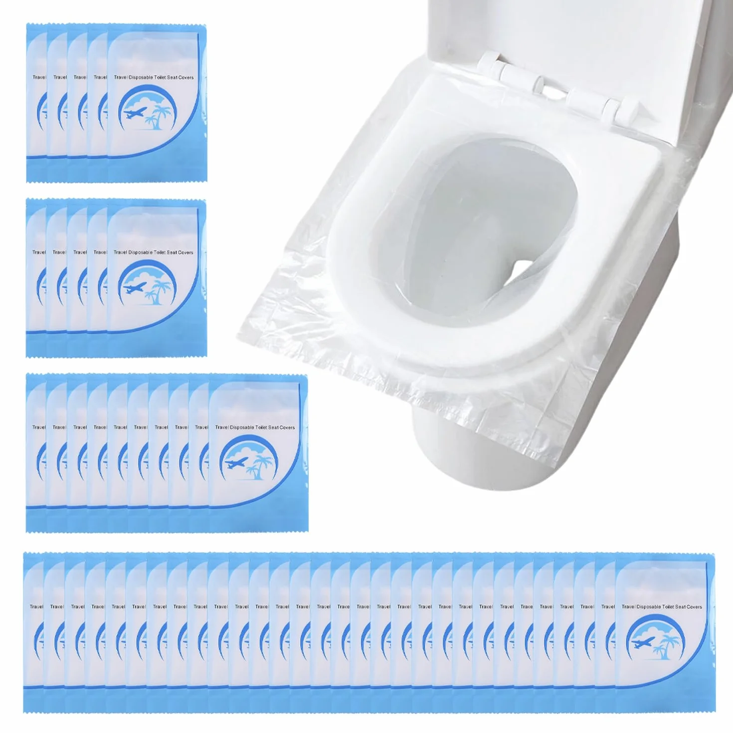 50 sztuk wodoodpornych pokrowców na deskę sedesową, pojedynczo zapakowane, antybakteryjne pokrowce na deskę sedesową z tworzywa sztucznego