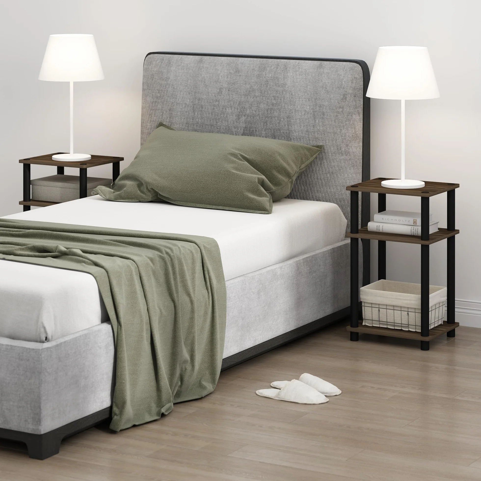 Furinno Tylko 3-poziomowy stolik obrotowy z rurą obrotową, stolik pomocniczy, stolik nocny, stolik nocny z plastikowymi drążkami, 1 szt., orzech kolumbia/czarny
