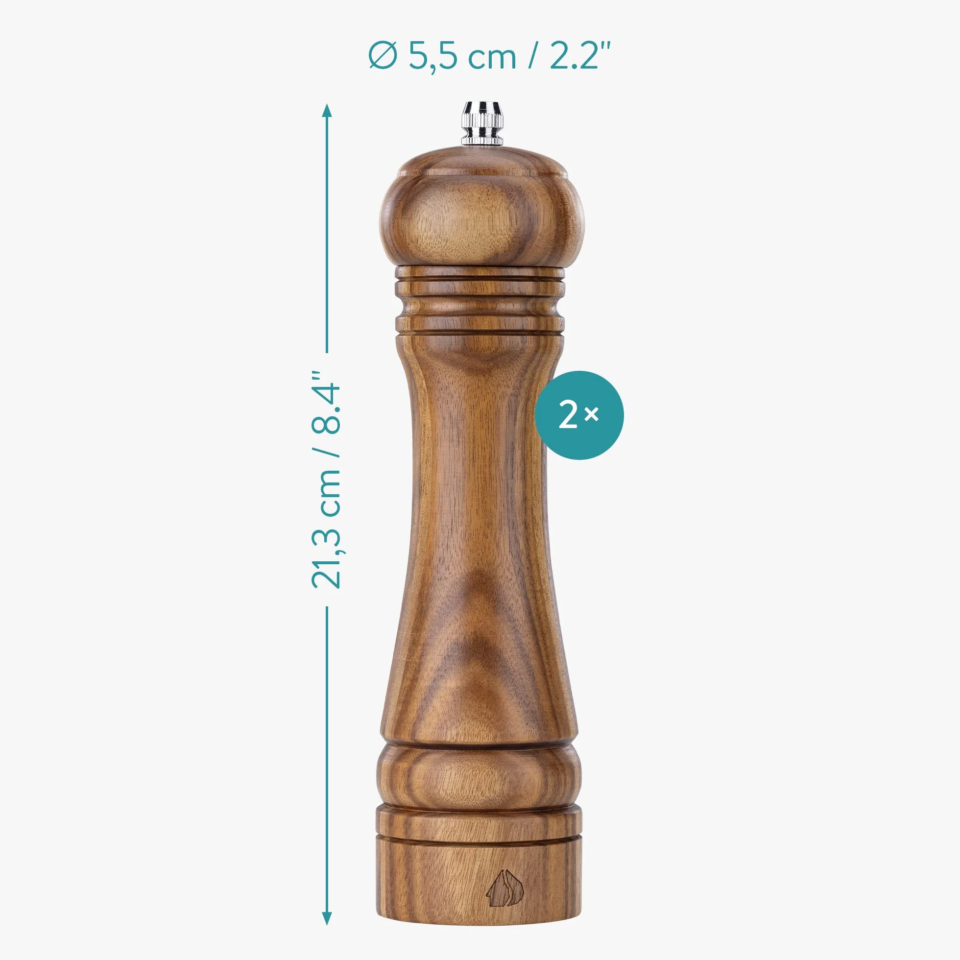 Navaris Zestaw młynków do soli i pieprzu, drewno akacjowe, klasyczny design, ceramiczny drewniany młynek do wielokrotnego napełniania, ze śrubami ze stali nierdzewnej, 21,3 x 5,5 cm