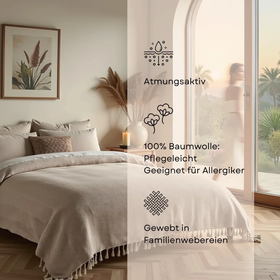 BOHORIA® Narzuta klasy premium, 200 x 230 cm, rozmiar XXL, 100% bawełna, bardzo duża, bawełniana narzuta na łóżko, sofę, ze wzorem w jodełkę (naturalna bawełna)