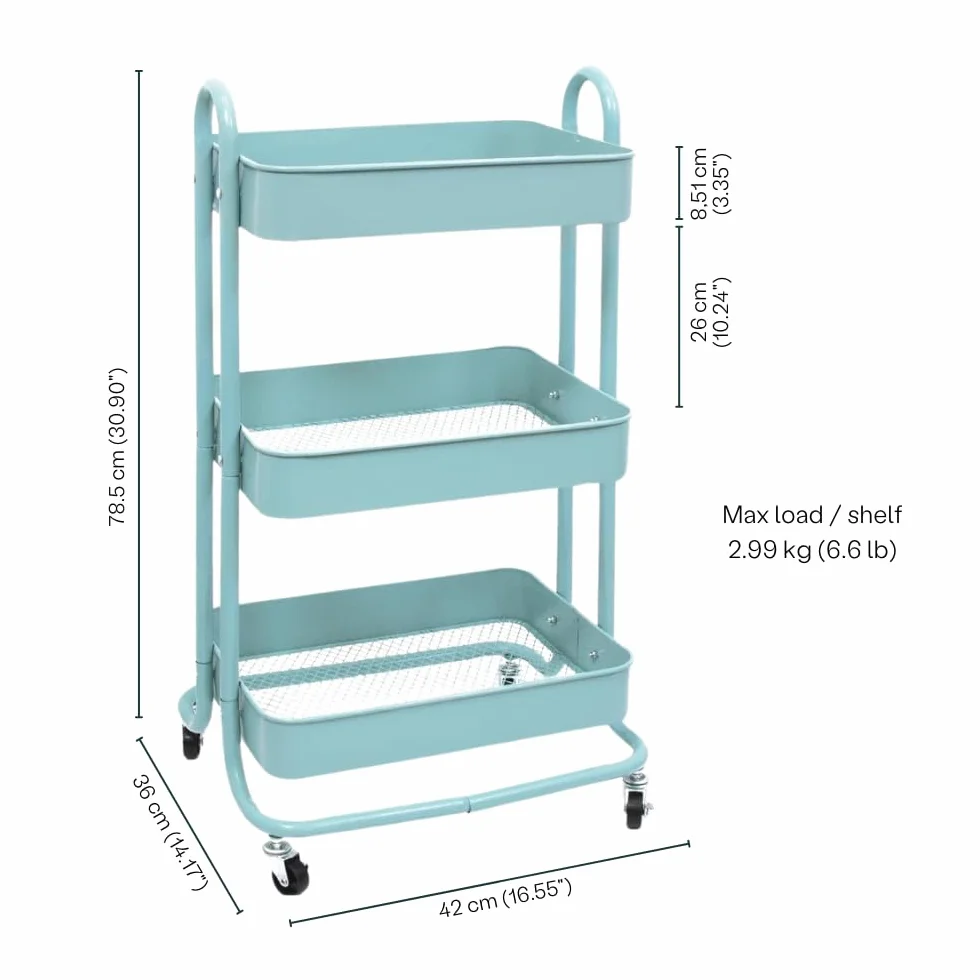 Craftelier - Metalowy wózek do przechowywania z 3 tacami | 4 kółka skrętne o 360° z hamulcami | Maksymalne obciążenie 2,99 kg | Odległość między półkami 25,5 cm | Rozmiar 78 x 40 cm