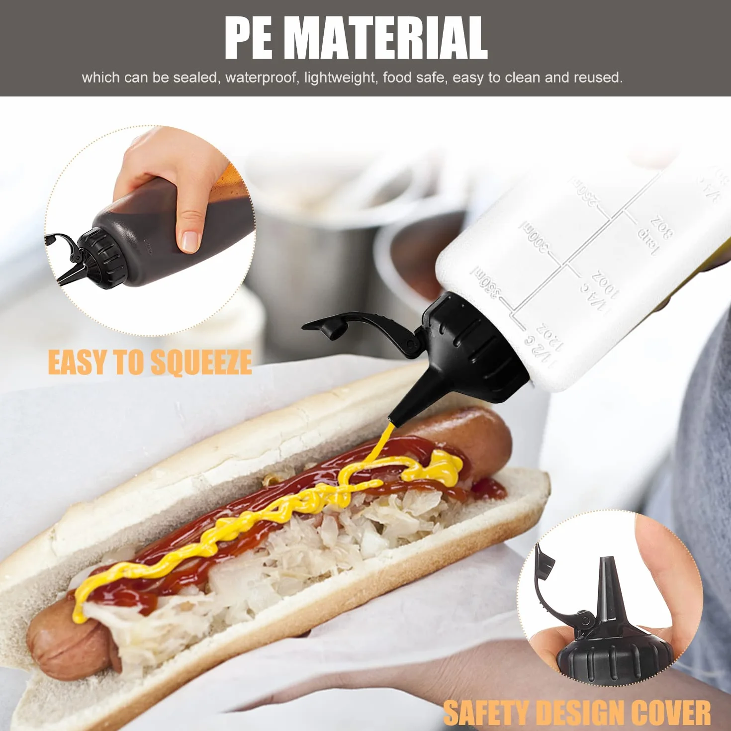 Butelka wyciskana z nasadkami, 4 sztuki, 350 ml, butelki z tworzywa sztucznego, ze skalą, butelka na sosy, przezroczysta butelka dozująca do ketchupu, wielokrotnego użytku, z lejkiem