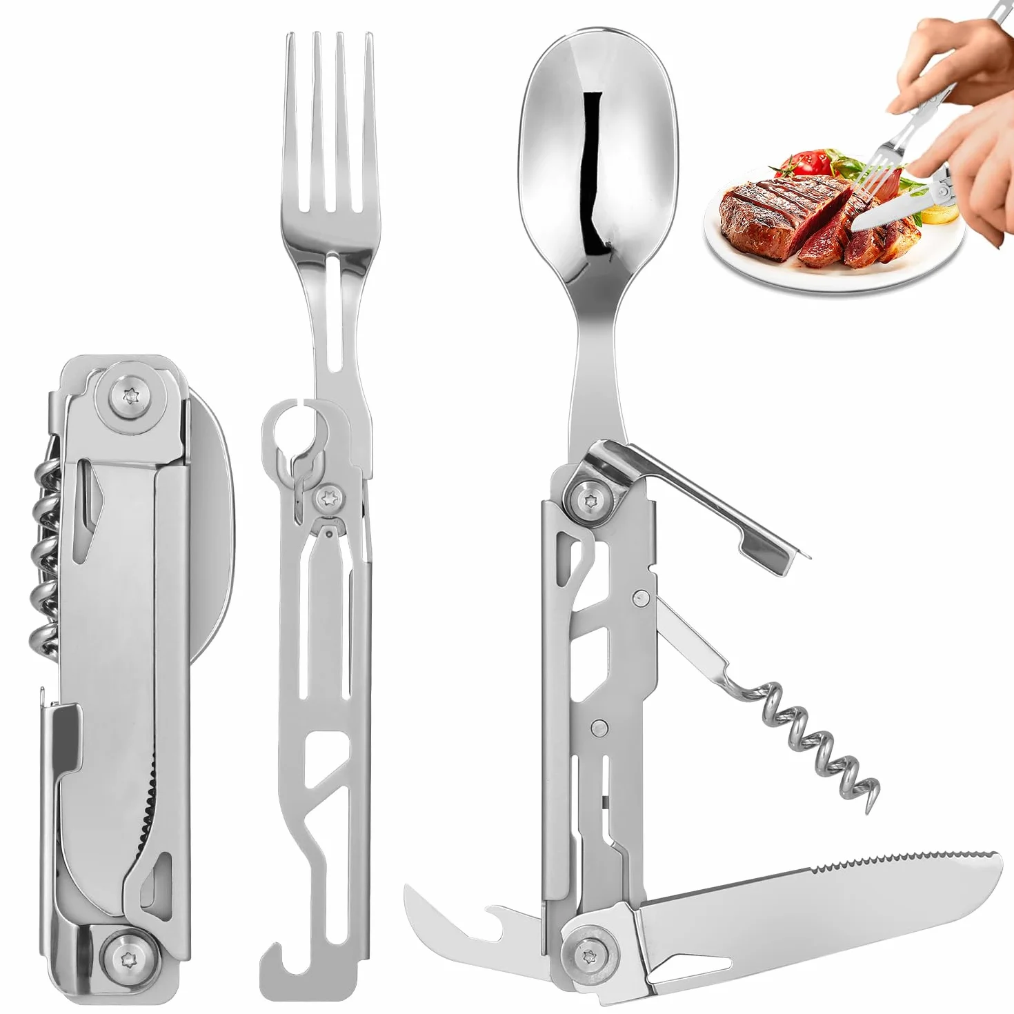 Outdoor Camping Utensil Zastawa stołowa, Sztućce ze stali nierdzewnej 5 w 1 składan,100% bezpieczne dla żywności,przenośny zestaw sztućców ze stali nierdzewnej do podróży, z etui ze sznurkiem