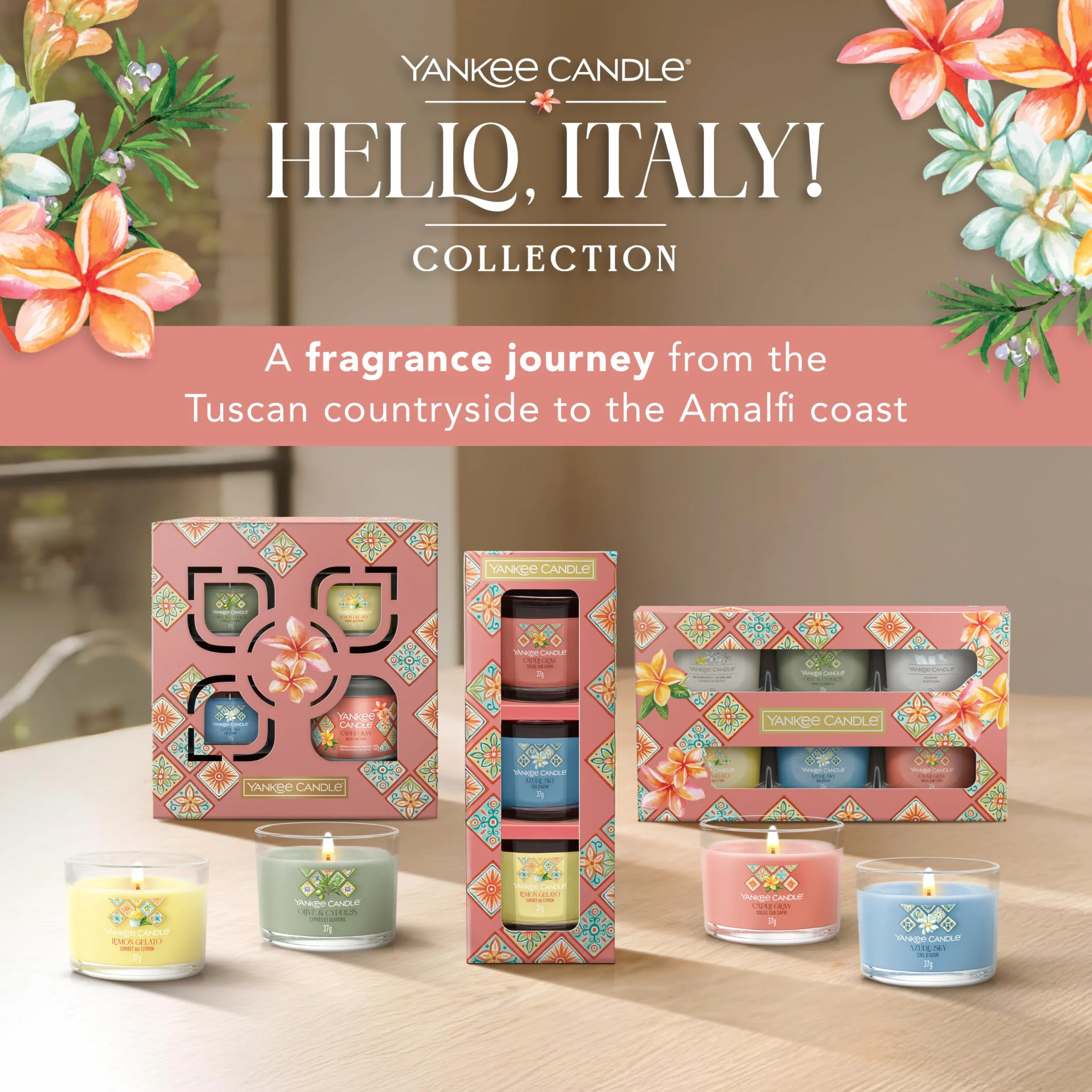 Yankee Candle Zestaw upominkowy świec zapachowych, mała świeca wotywna, kolekcja Hello Italy, 4 sztuki