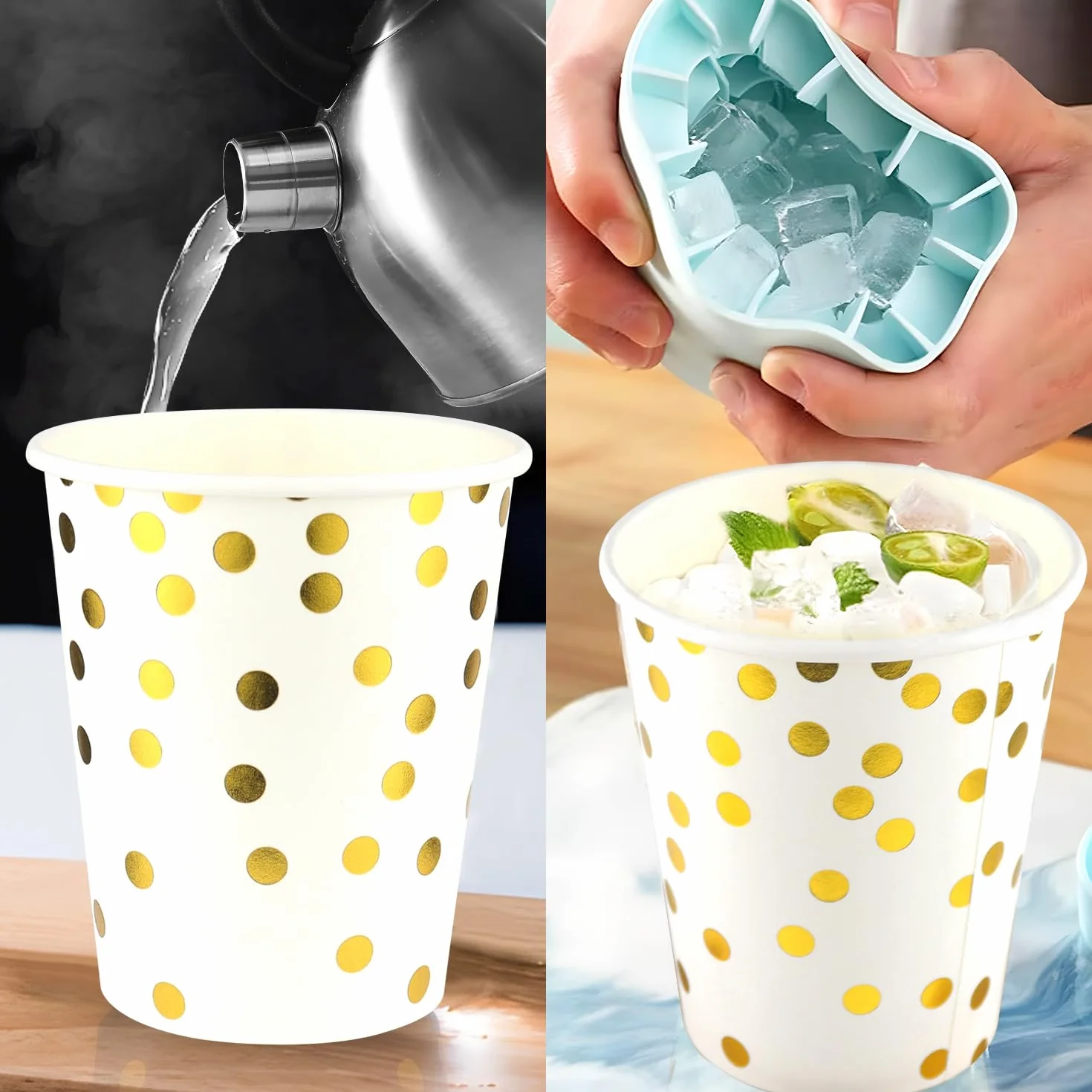 Papierowe kubki jednorazowe, ze złotymi kropkami, kubki na imprezę, 250 ml, na imprezę, Boże Narodzenie, przyjęcie dla dzieci, wesele, 60 sztuk (B)