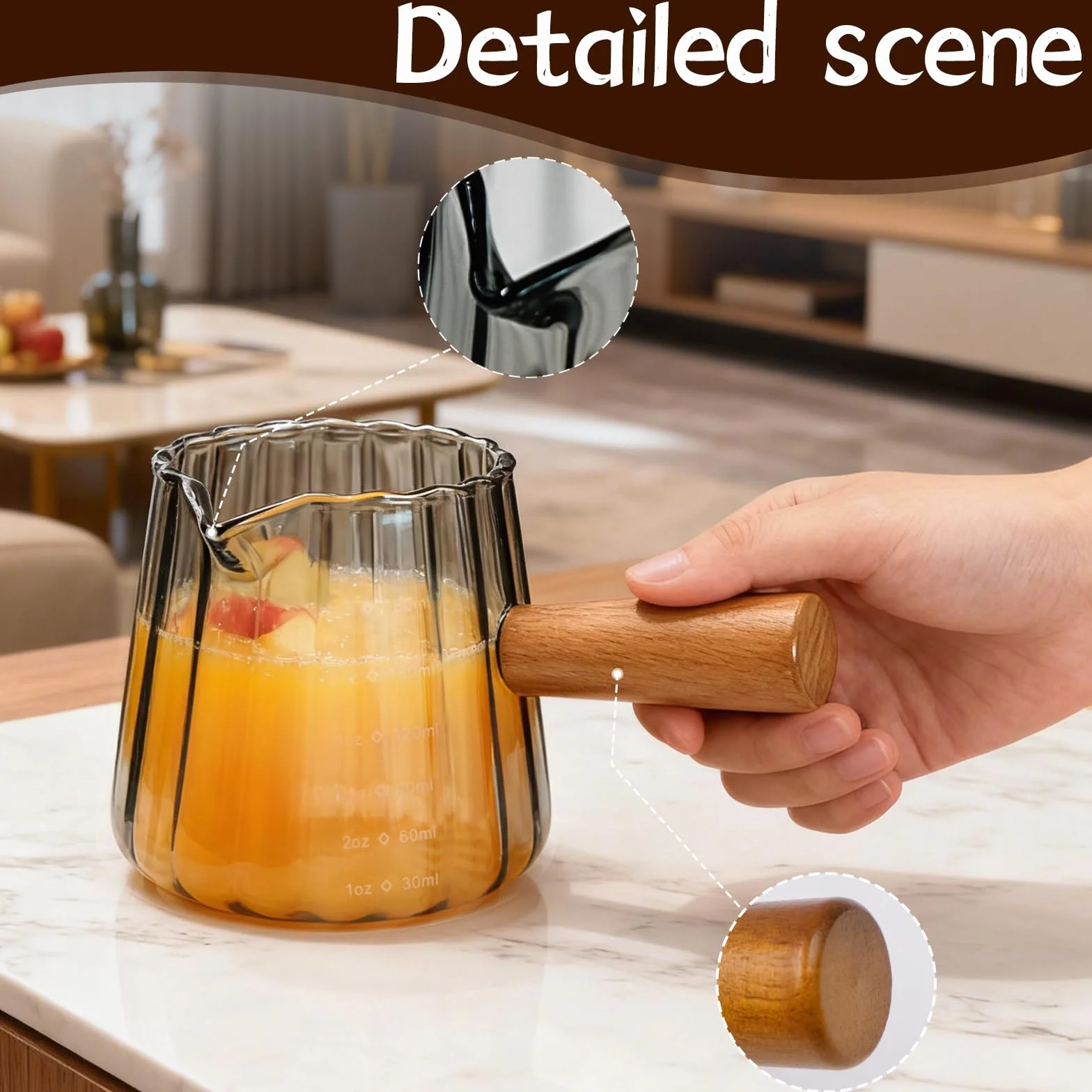 Kubek z miarką do espresso z drewnianym uchwytem, 180 ml / 170 ml szklany kubek pomiarowy z podwójną skalą i otworem w kształcie litery V do ekspresu do kawy