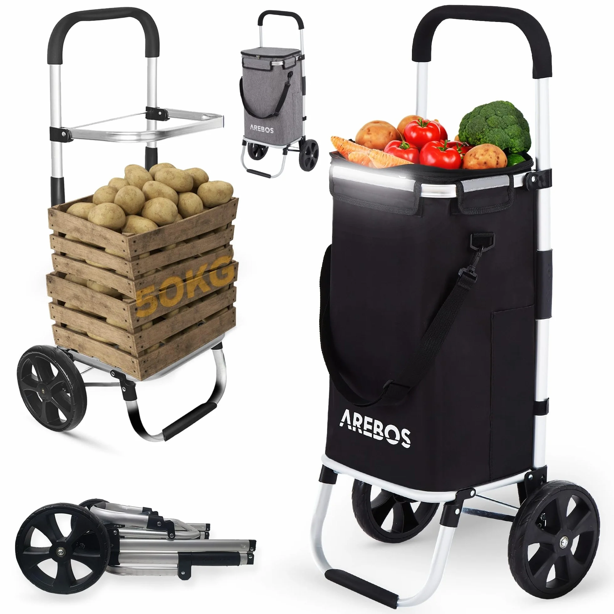Arebos Wózek na zakupy 3w1 | wózek duży 56 litrów | z komorą chłodzącą | torba na zakupy na kółkach | składany shopper | składana torba odczepiana | wózek ręczny | czarny