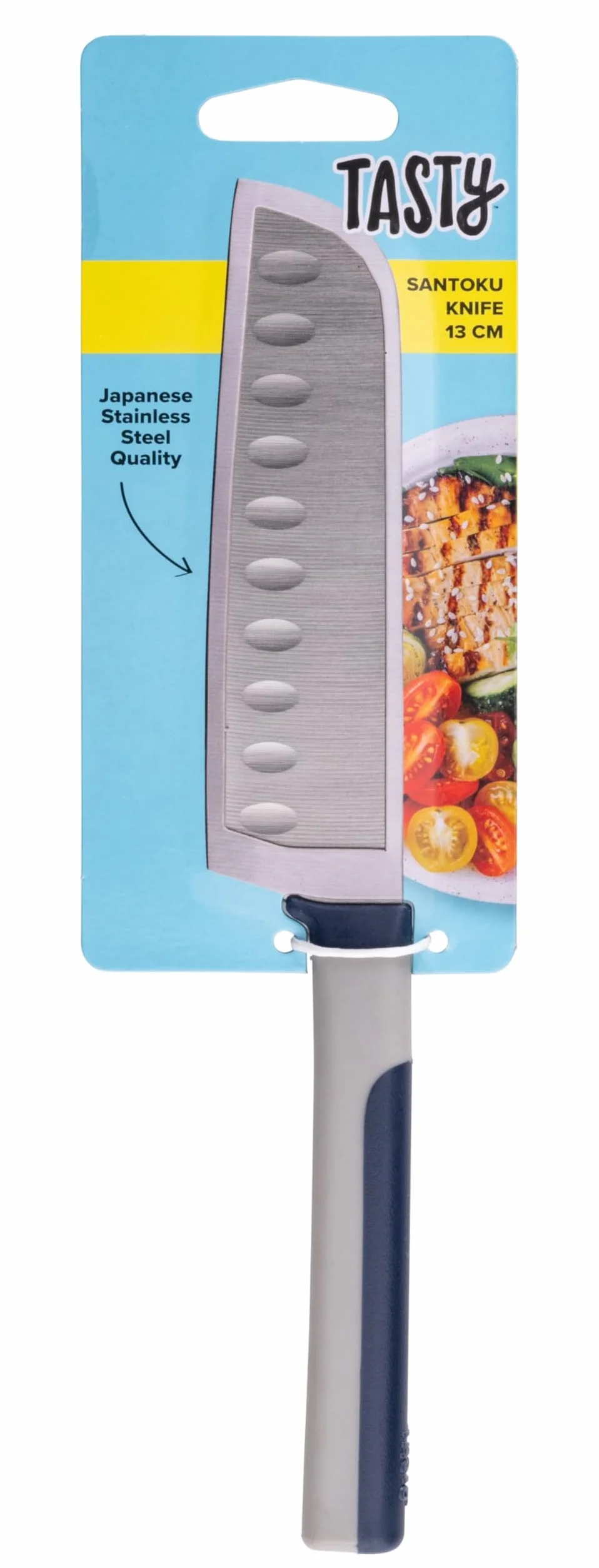 Tasty Nóż Santoku Live Knife, Ostrze 13 cm, do Precyzyjnego Krojenia w Kuchni: Siekania, Krojenia w Kostkę i Filetowania, Kolor Szary/Niebieski/Srebrny