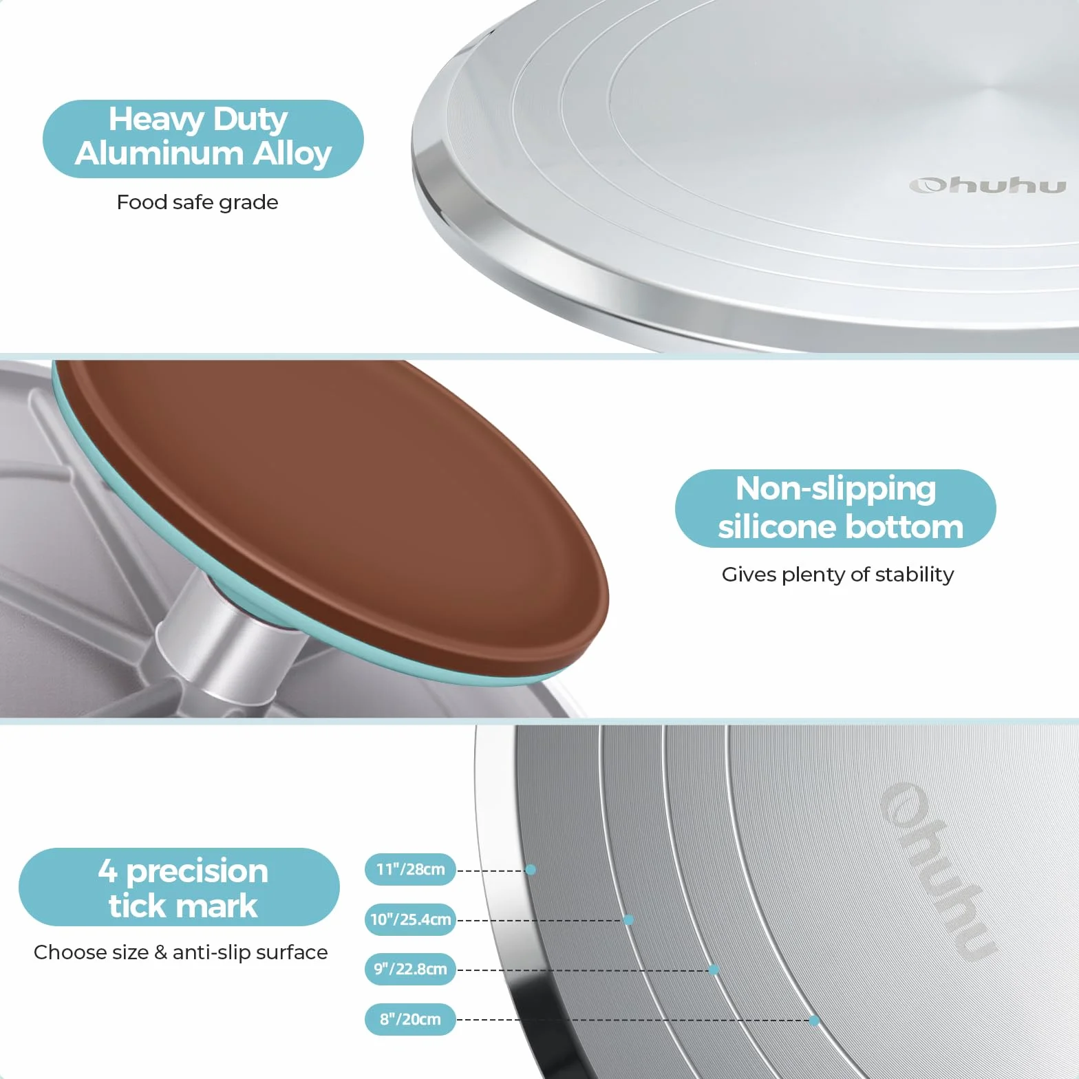 Ohuhu Obrotowa patera na tort ze stopu aluminium 30 cm z 2 paletami i 3 łopatkami