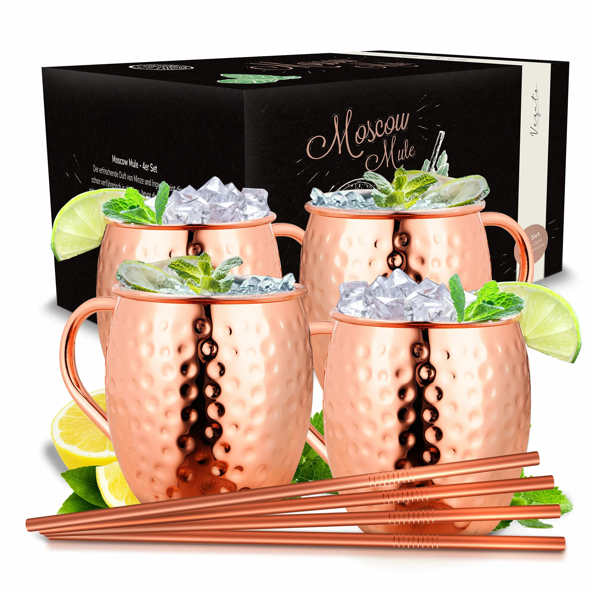 Vezato Kubek do Moscow Mule, 500 ml, młotkowany kubek miedziany, ze słomkami, ręcznie wykonany, zestaw 4 sztuki, nierdzewny