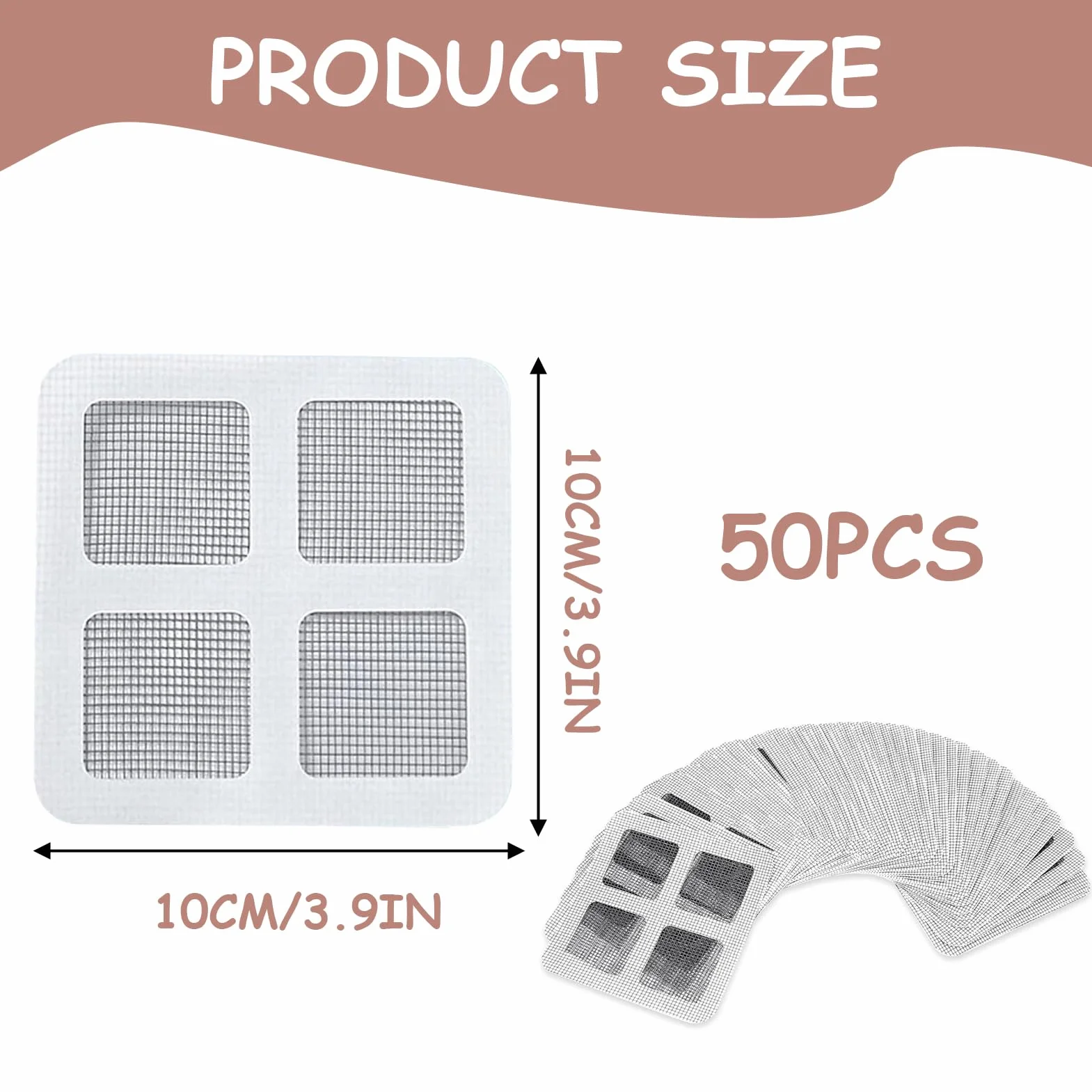 50 szt jednorazowych łapaczy włosów do odpływu prysznicowego, 10 x 10 cm, siatkowa naklejka na odpływ podłogowy, łapacz włosów na pokrywę odpływu prysznicowego, filtry pułapki na włosy, ochraniacz