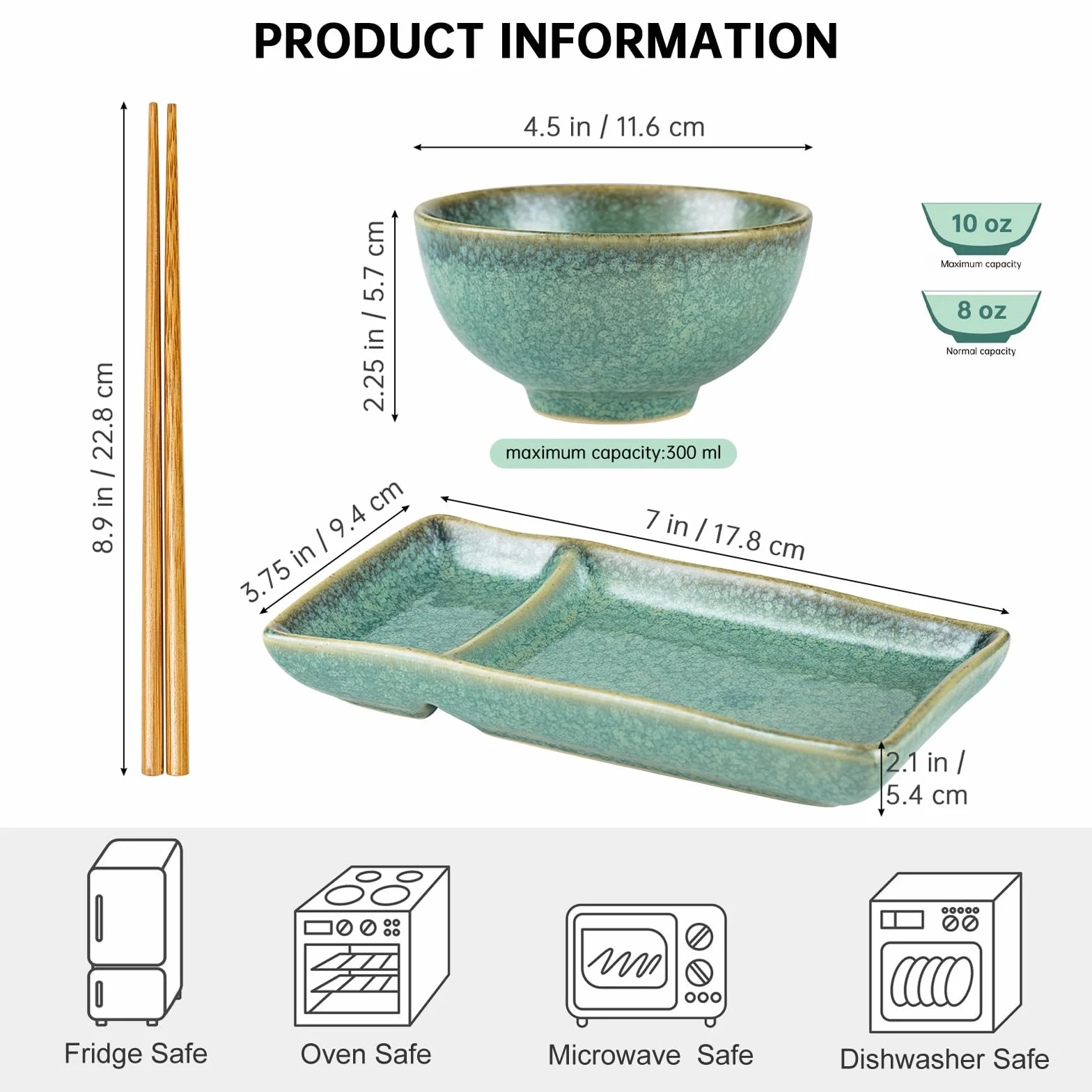 HENXFEN LEAD Zestaw naczyń do sushi, japońskie naczynia do zupy Miso, Maki, sushi ryż z 2 talerzami, miseczkami, pałeczkami, błyszcząco-zielony