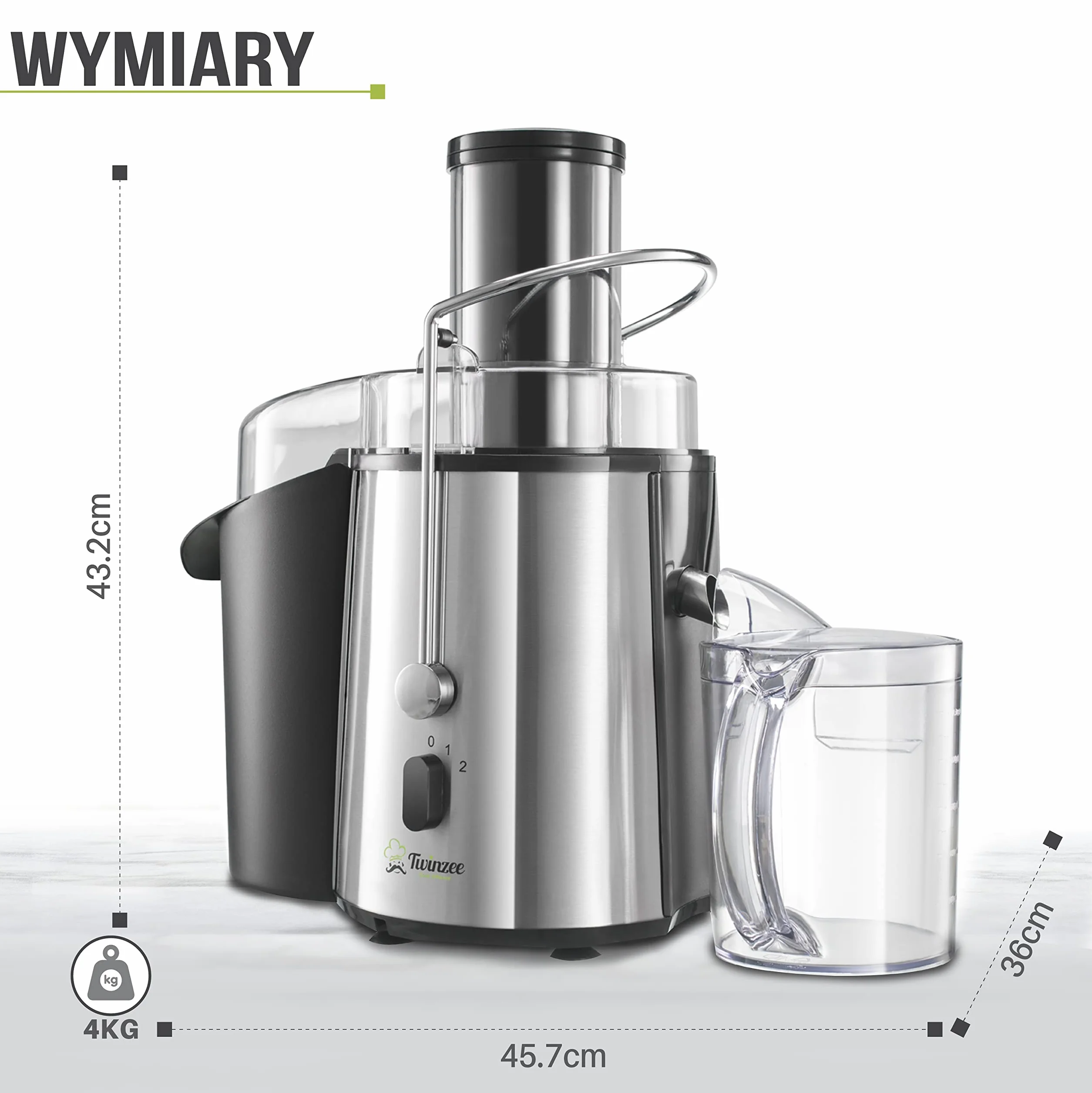 Twinzee Odśrodkowa sokowirówka 850 W 2 poziomy prędkości 75 mm