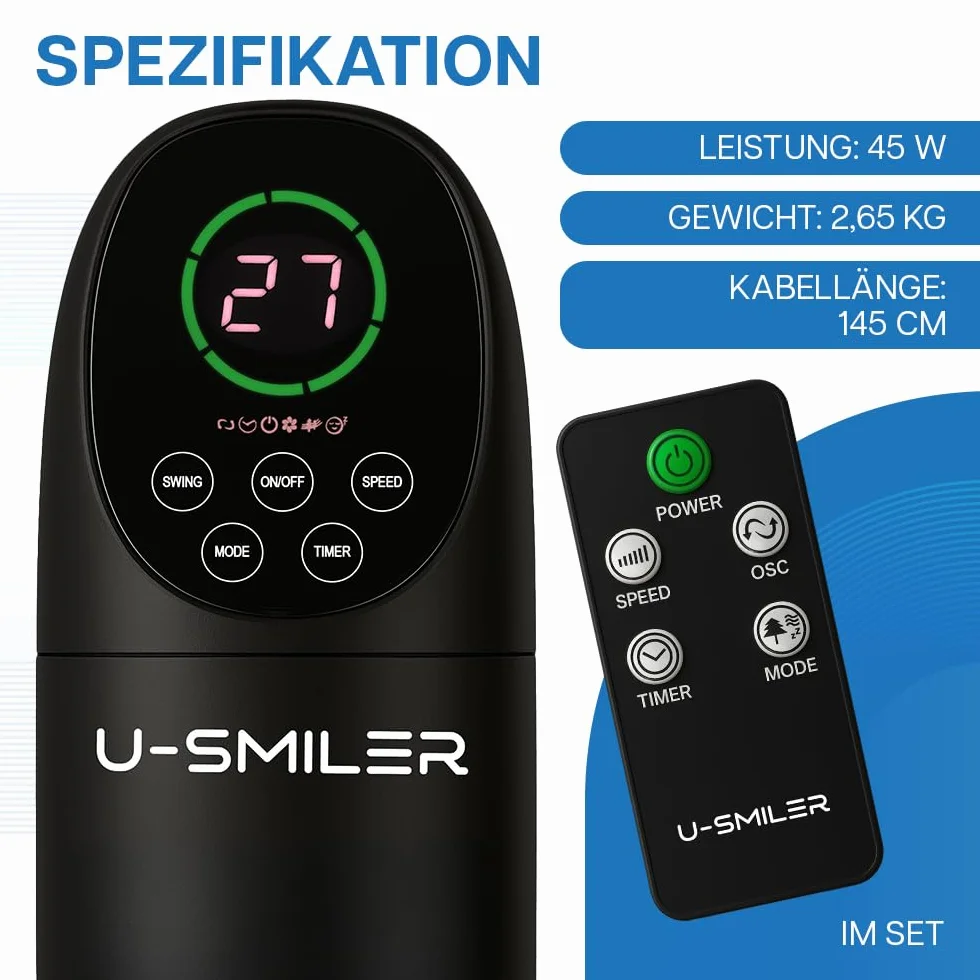 Wentylator Kolumnowy 45W z Pilotem 101 cm Oscylacja 90° LED 3 Tryby Timer Czarny