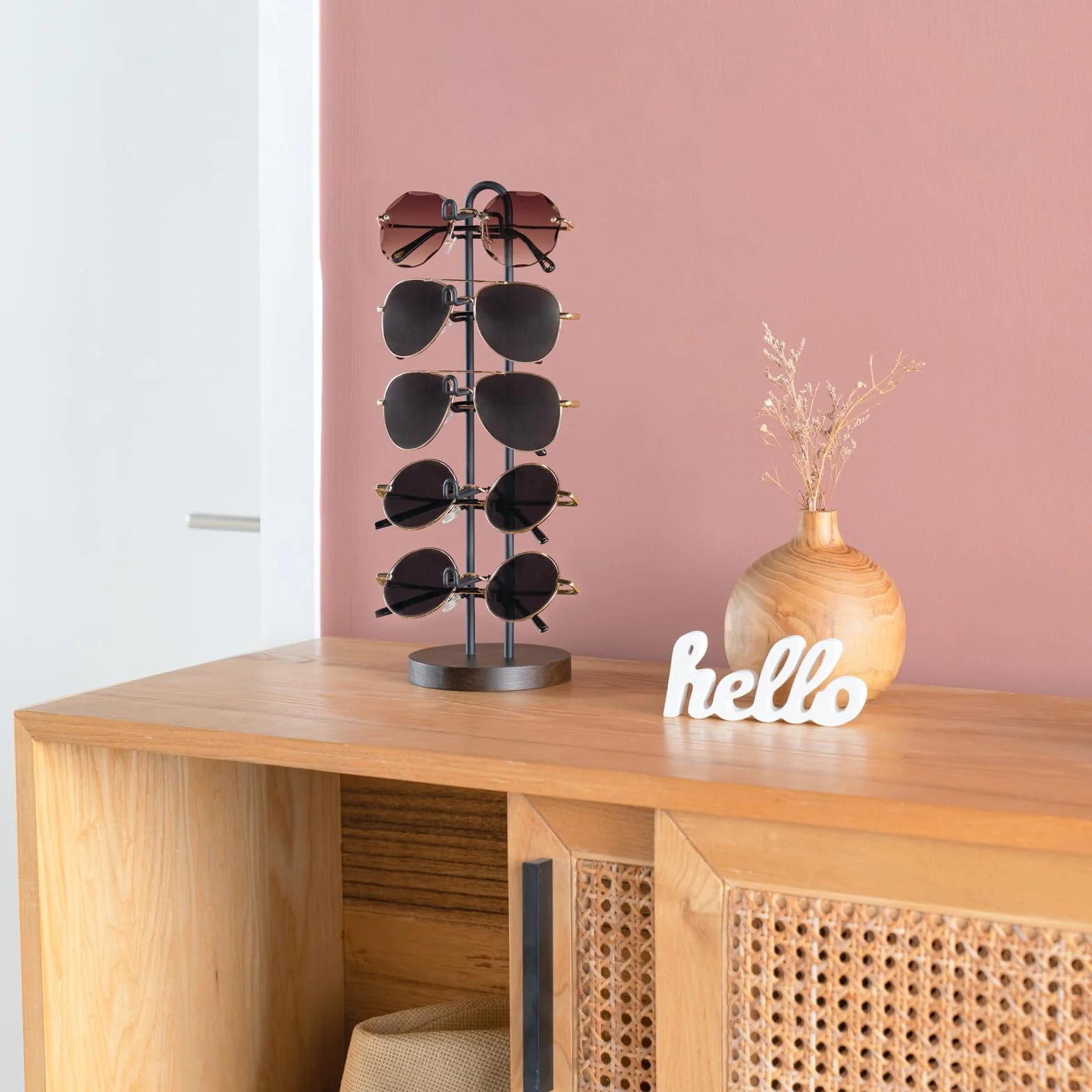 Mkono Organizer na okulary przeciwsłoneczne, stojak do przechowywania okularów przeciwsłonecznych, metalowa ramka z drewnianą podstawą na 5 par ekspozycji na okulary, na stół, biurko, komodę, do