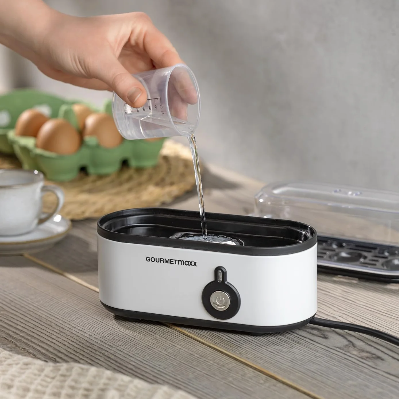 GOURMETmaxx Jajowar na 3 jajka | bojler do jajek z wykrawaczem do jajek w miarce | Egg Cooker – 3 stopnie twardości do kieliszków do jajek | Design mały jajowar – części nadające się do mycia w