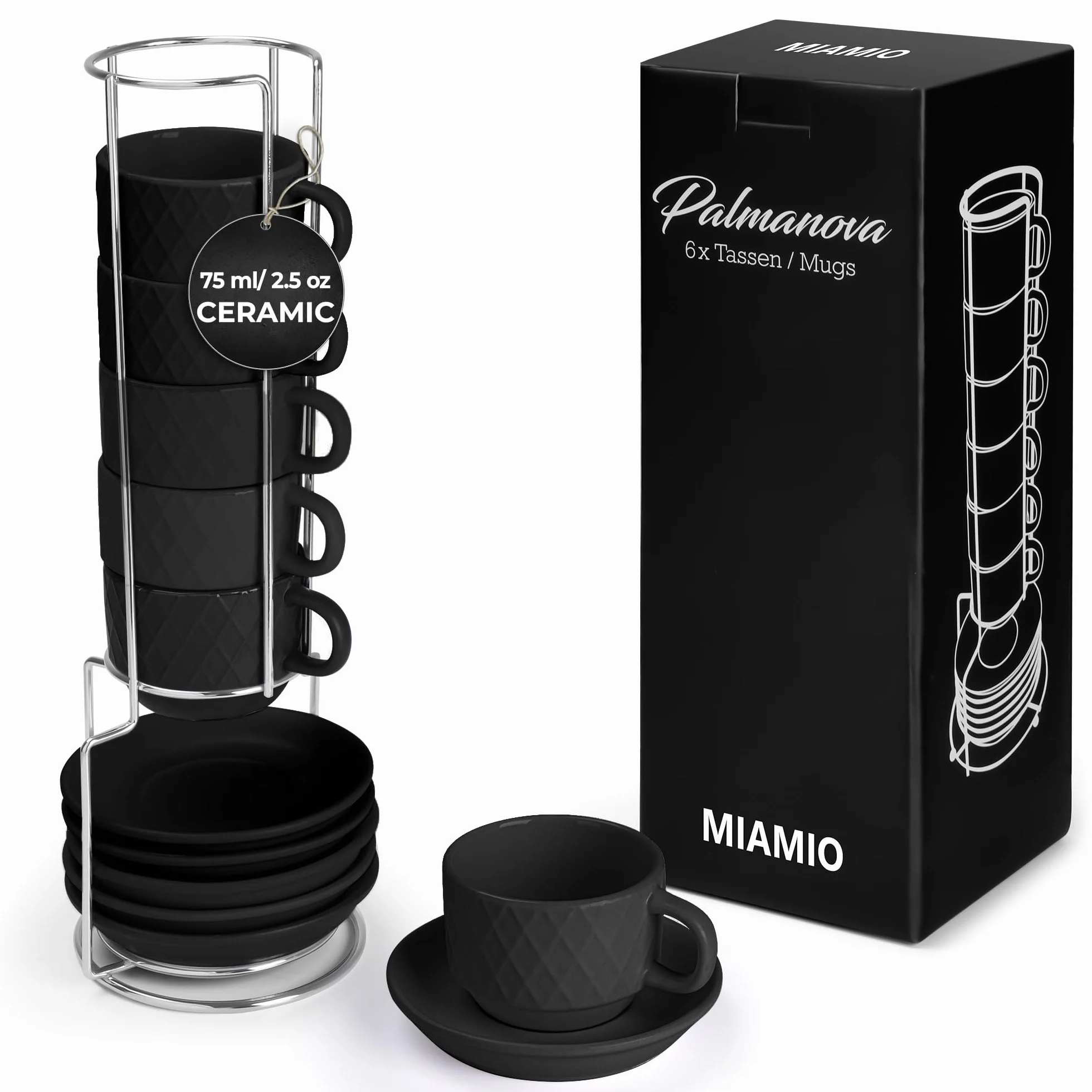 MIAMIO 6 x 75 ml kamionkowy kubek do espresso zestaw ze stojakiem i spodkami Palmanova czarny