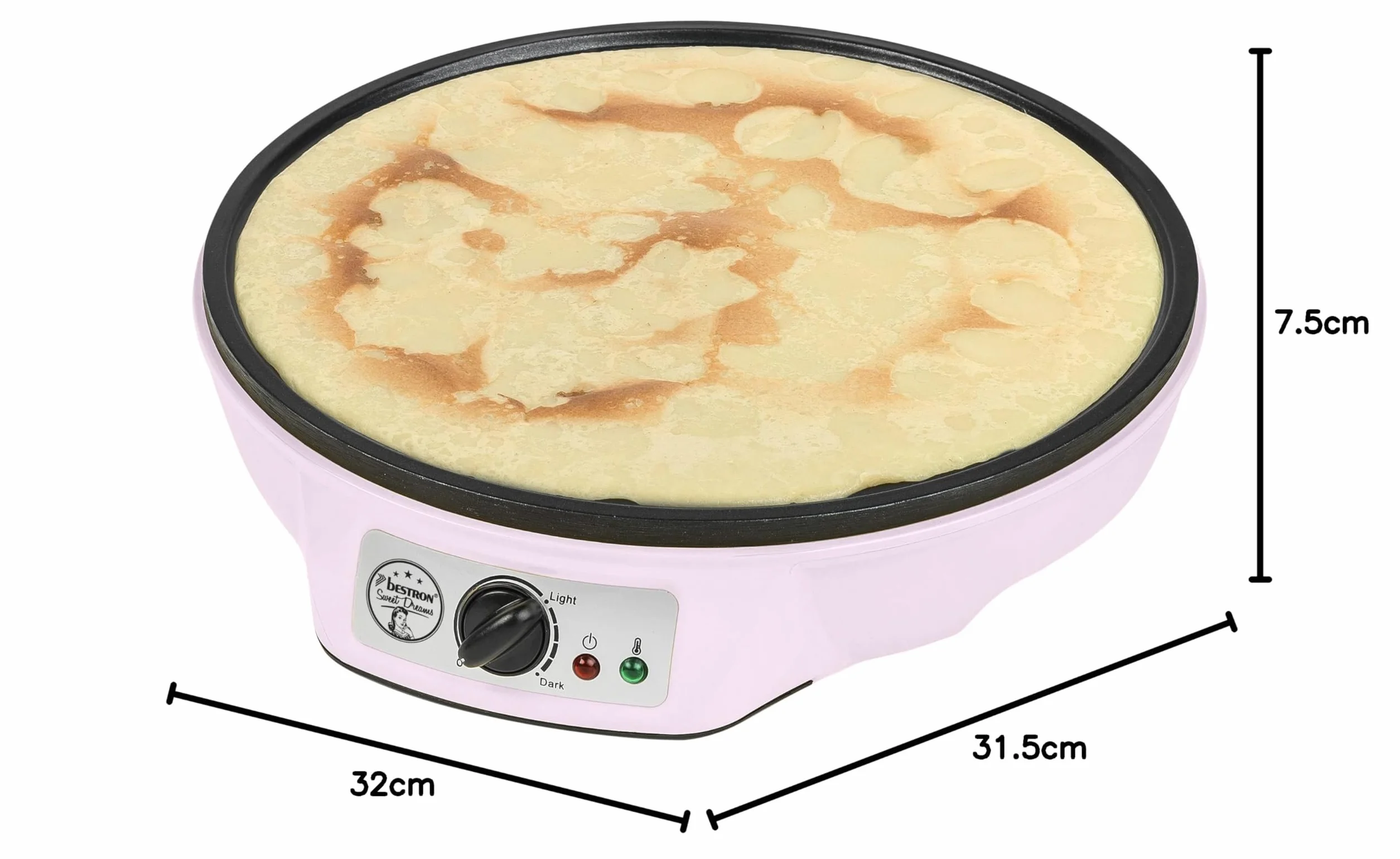 Bestron Crepes Maker, Urządzenie do robienia naleśników o średnicy 30 cm, w komplecie Rozdzielacz do ciasta i łopatka do przewracania naleśników, z powłoką nieprzywierającą, Kolor: Różowy