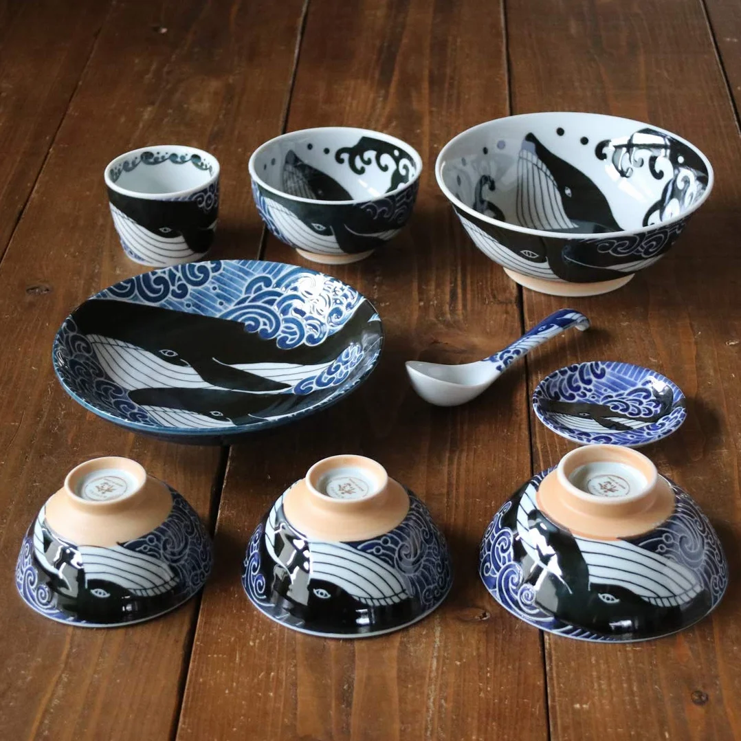 Mino-Yaki ceramiczna miska Ramen 20,7 cm 1,1 l wieloryb czarno-biały