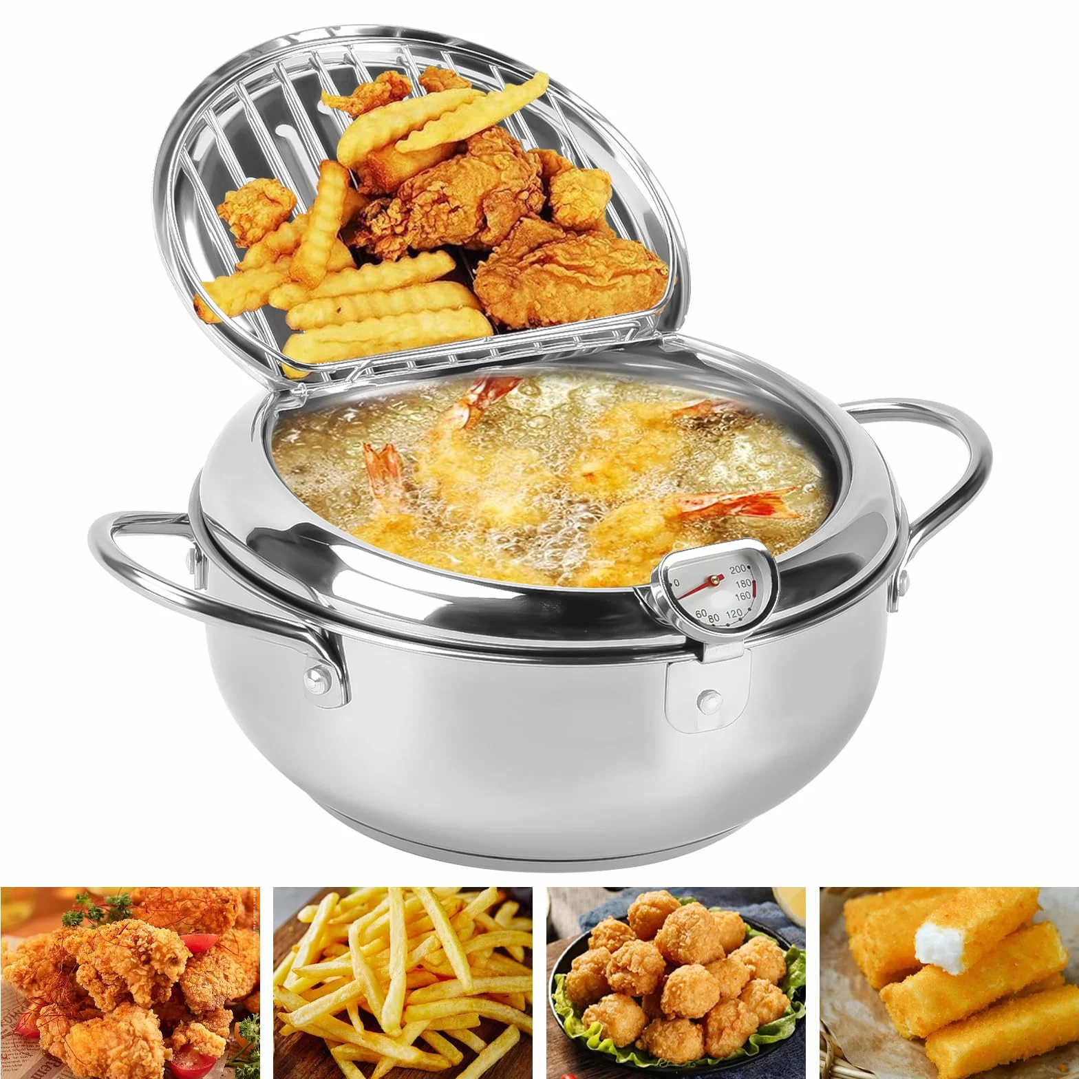 Garnek do smażenia ze stali nierdzewnej 304, japońska frytkownica z termometrem 24 cm