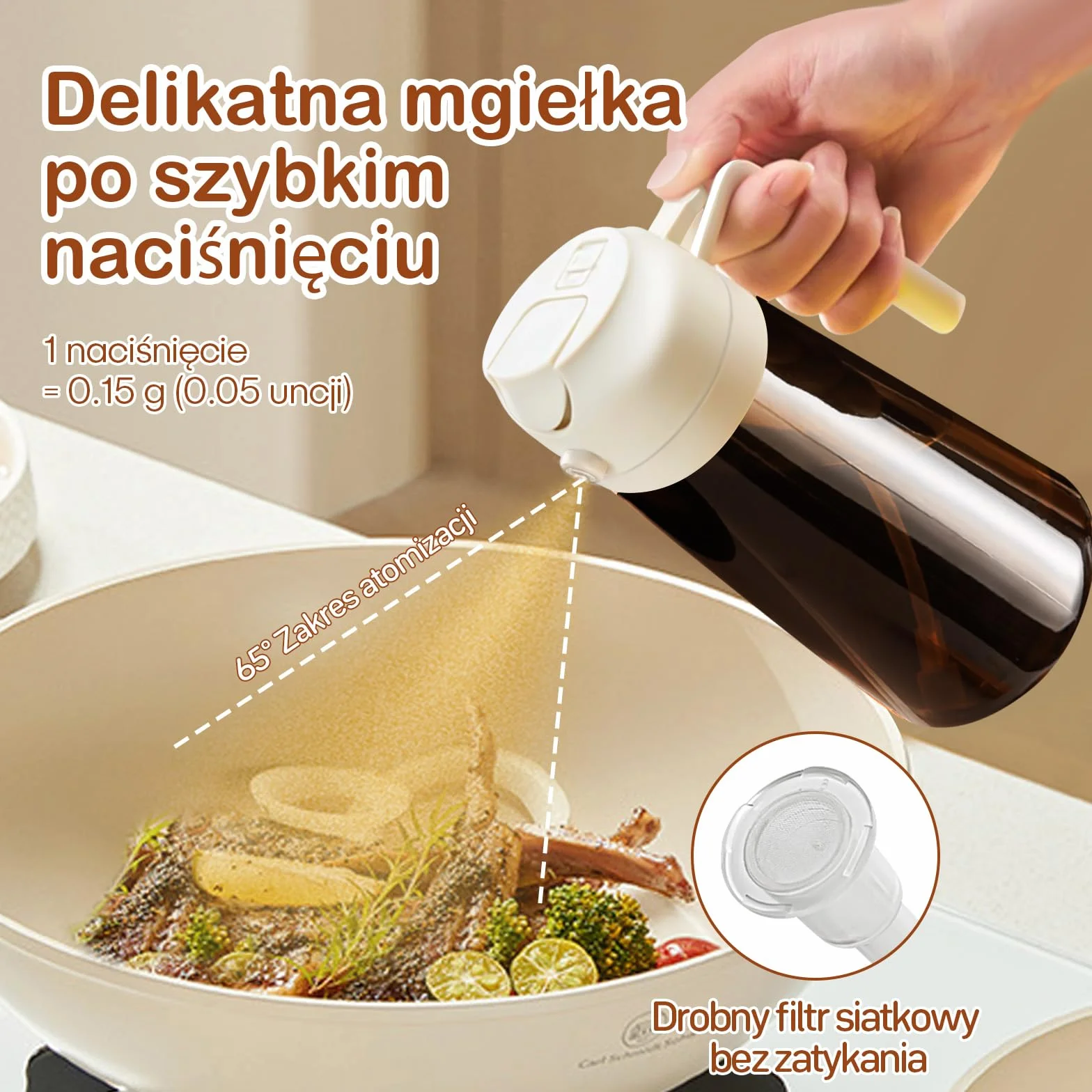 YARRAMATE blokujący światło rozpylacz ciemnego oleju do gotowania, 2 w 1 spryskiwacz do oleju do gotowania, 470 ml szklana butelka na olej, dozownik oleju i do kuchni smażenia BBQ (biały)
