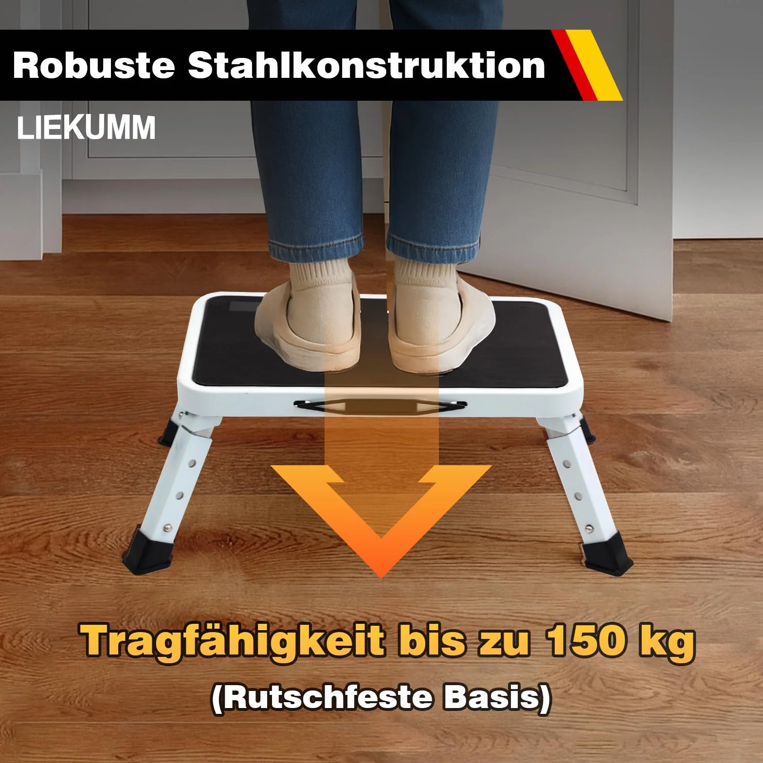 LIEKUMM 3-stopniowy składany stołek, nośność 150 kg, z regulacją wysokości, lekki stopień ze stali do kuchni i domu, z antypoślizgową platformą i gumowymi nóżkami, czarny