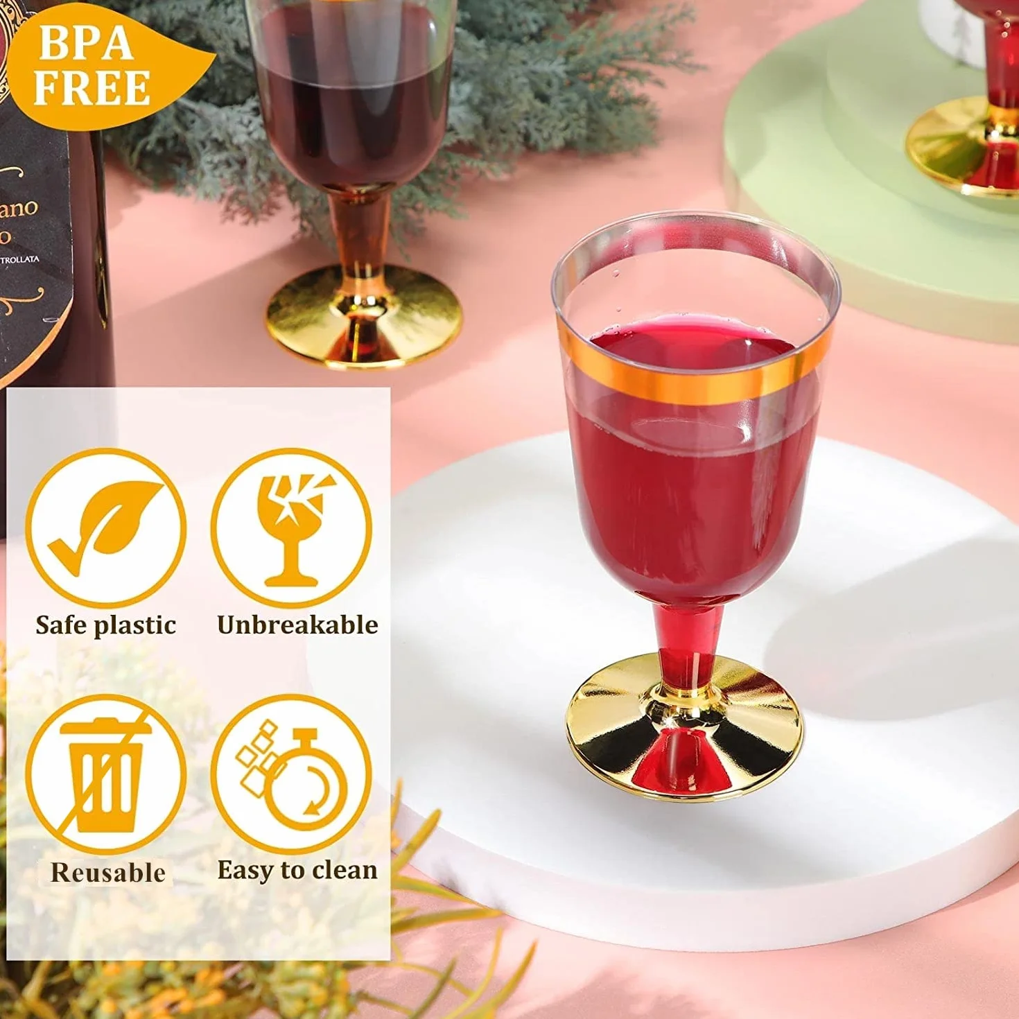 LATERN Plastikowe kieliszki do wina, 170 ml, złote kieliszki do degustacji wina, wielokrotnego użytku, na imprezę, do napojów, whisky, szampana, piwa, koktajli, martini, 13,4 x 6,5 cm