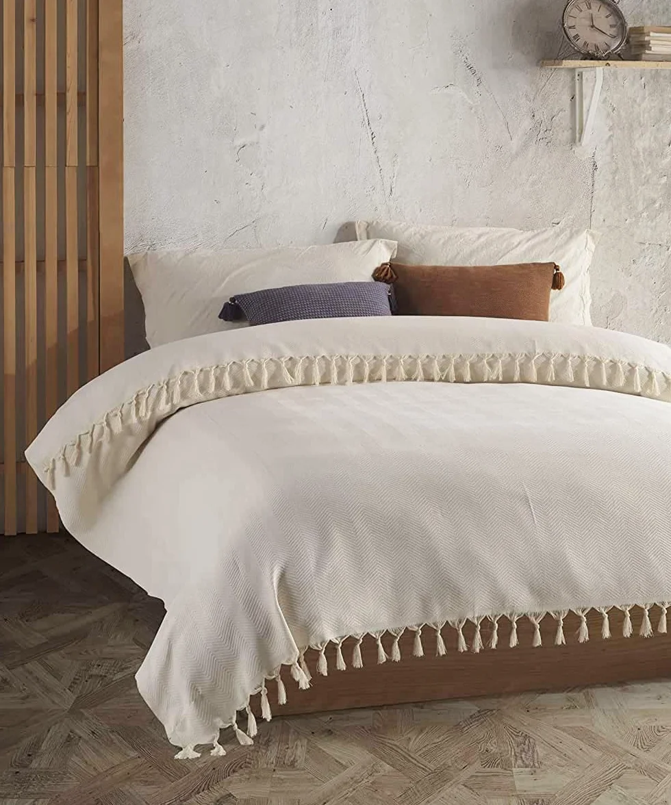BOHORIA® Narzuta klasy premium, 200 x 230 cm, rozmiar XXL, 100% bawełna, bardzo duża, bawełniana narzuta na łóżko, sofę, ze wzorem w jodełkę (naturalna bawełna)