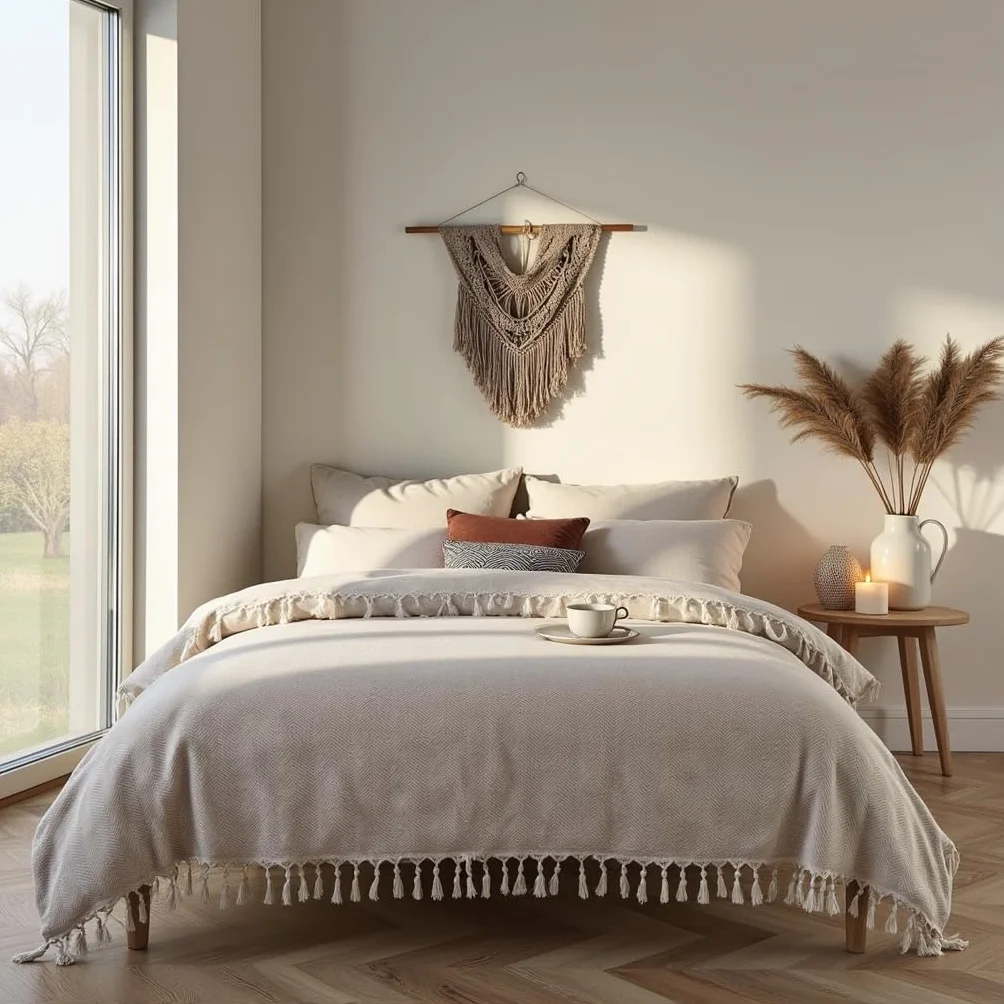 BOHORIA® Narzuta klasy premium, 200 x 230 cm, rozmiar XXL, 100% bawełna, bardzo duża, bawełniana narzuta na łóżko, sofę, ze wzorem w jodełkę (naturalna bawełna)