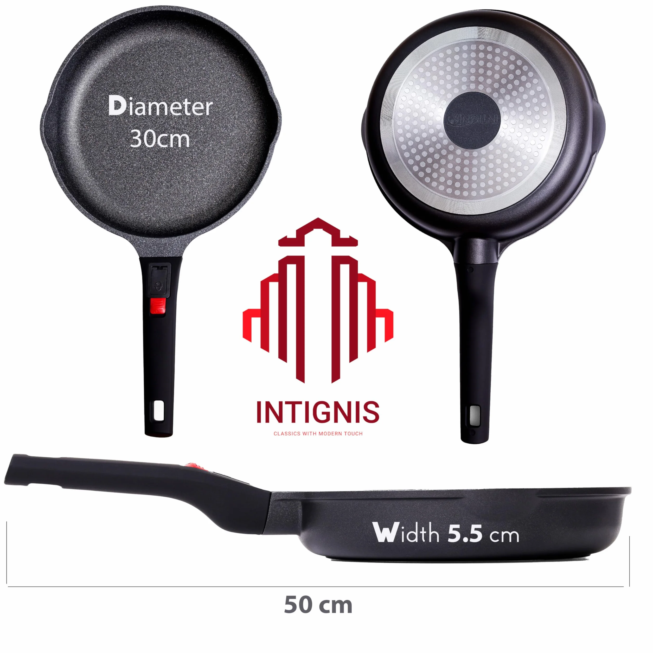 INTIGNIS Patelnia | 30 cm | nieprzywierająca | odporna na zarysowania | wolna od chemikaliów | kompatybilna z indukcjami | zdejmowany uchwyt | nadaje się do piekarnika