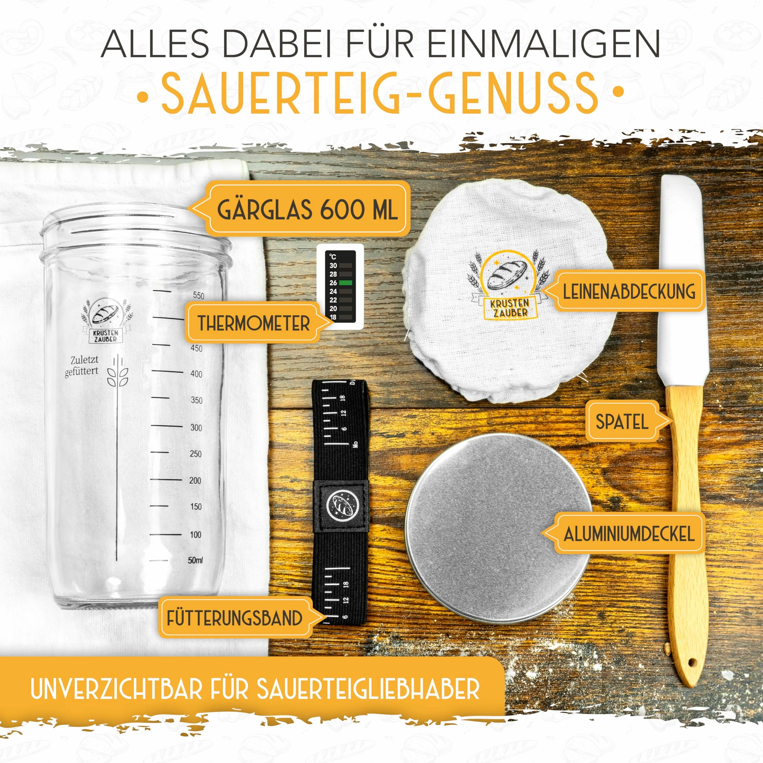 KRUSTENZAUBER Zestaw do zakwasu na chleb 600 ml słoik fermentacji z łopatką i termometrem Akcesoria do pieczenia chleba