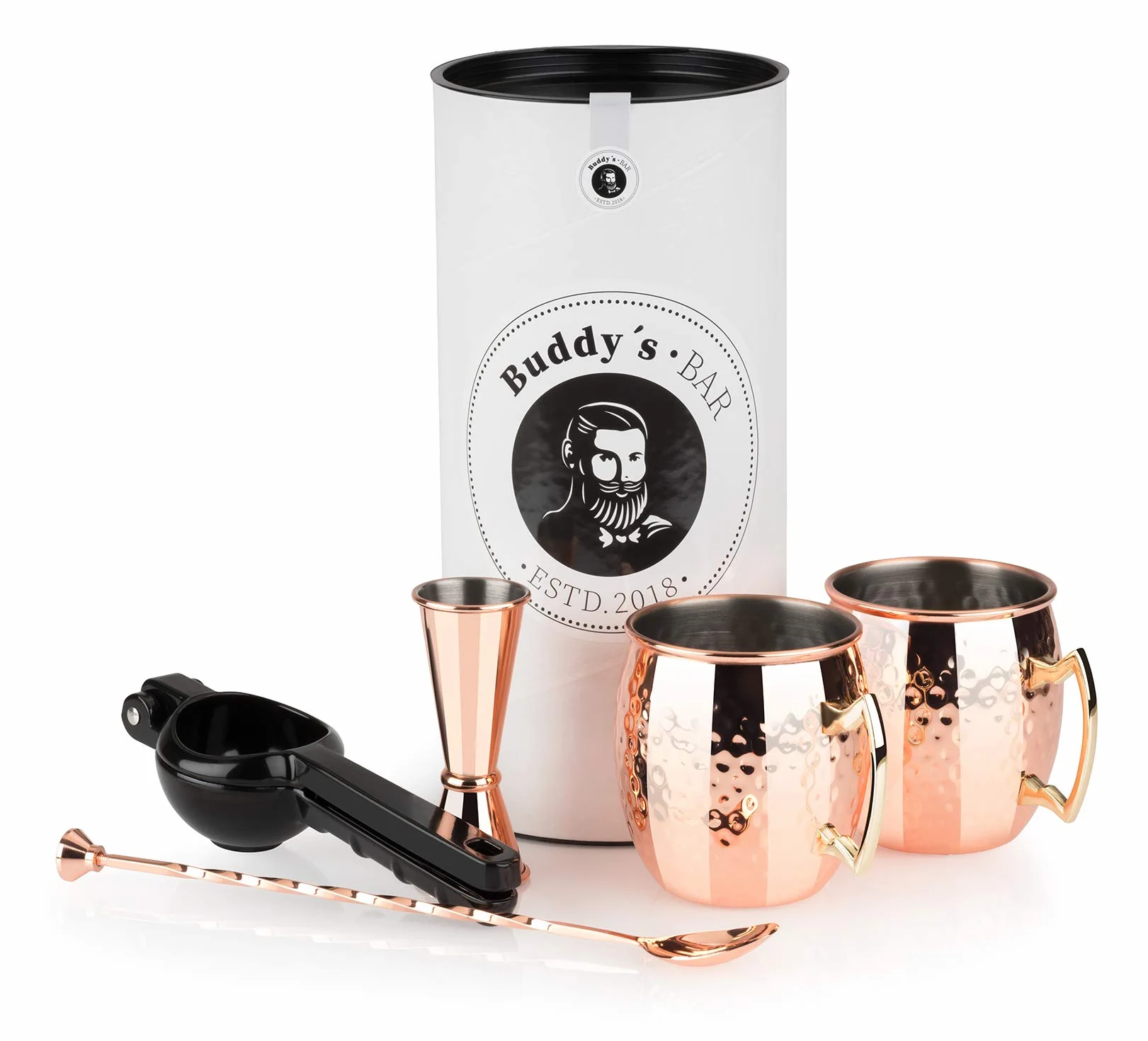 Buddy's Bar - Zestaw Moscow Mule, 2 x 500 ml kubki koktajlowe, 27 cm łyżka barowa, 5 cl miarka barowa & czarny wyciskacz do limonek, bezpieczny dla żywności, zestaw kubków koktajlowych wraz z pudełkiem upominkowym, miedź młotkowana