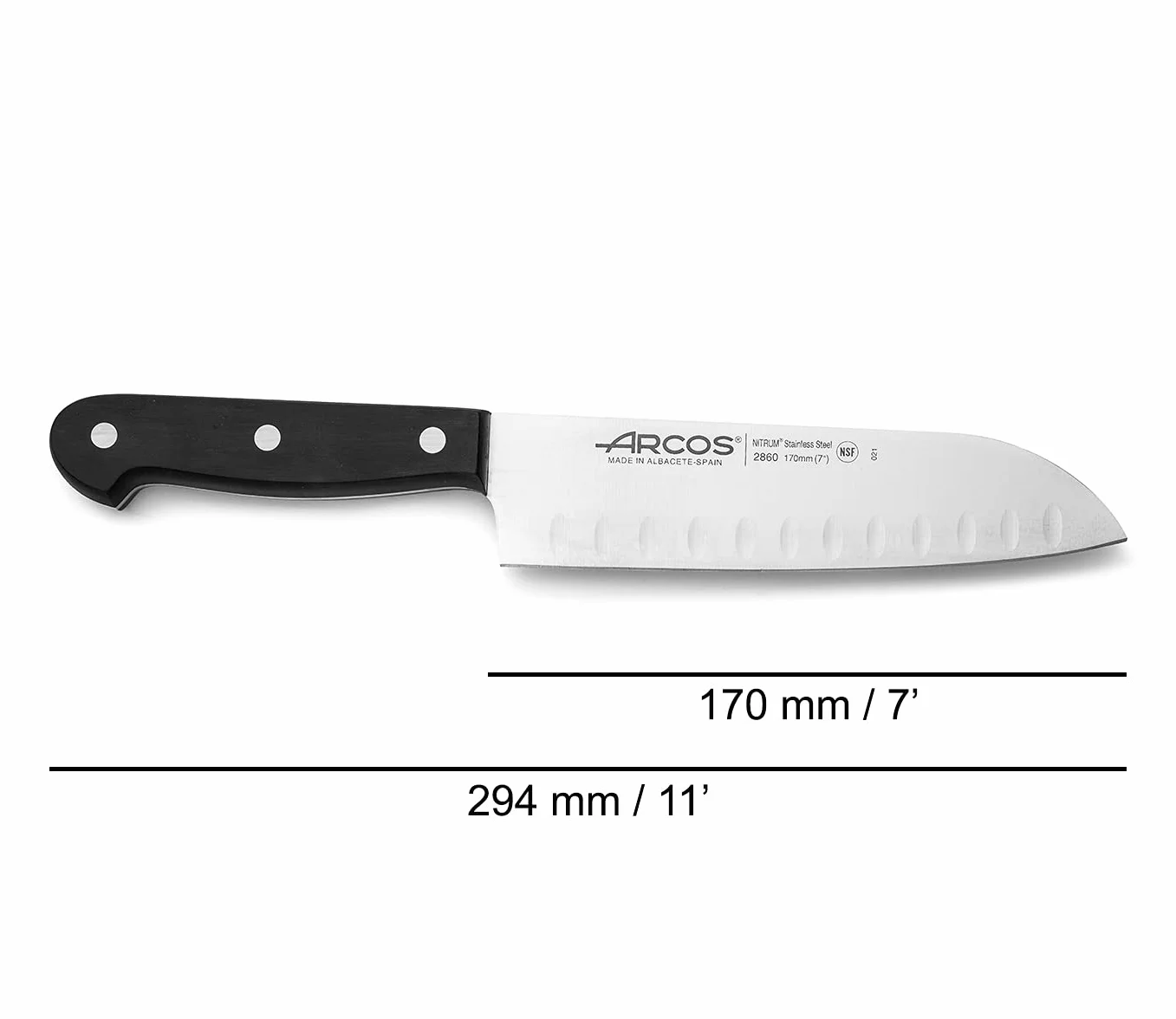 ARCOS Noże Santoku i ze stali. Japoński ostry nóż do ryb, mięsa i warzyw. Ergonomiczna rękojeść z i ostrze o długości 170 mm. Seria Universal. Kolor czarny.