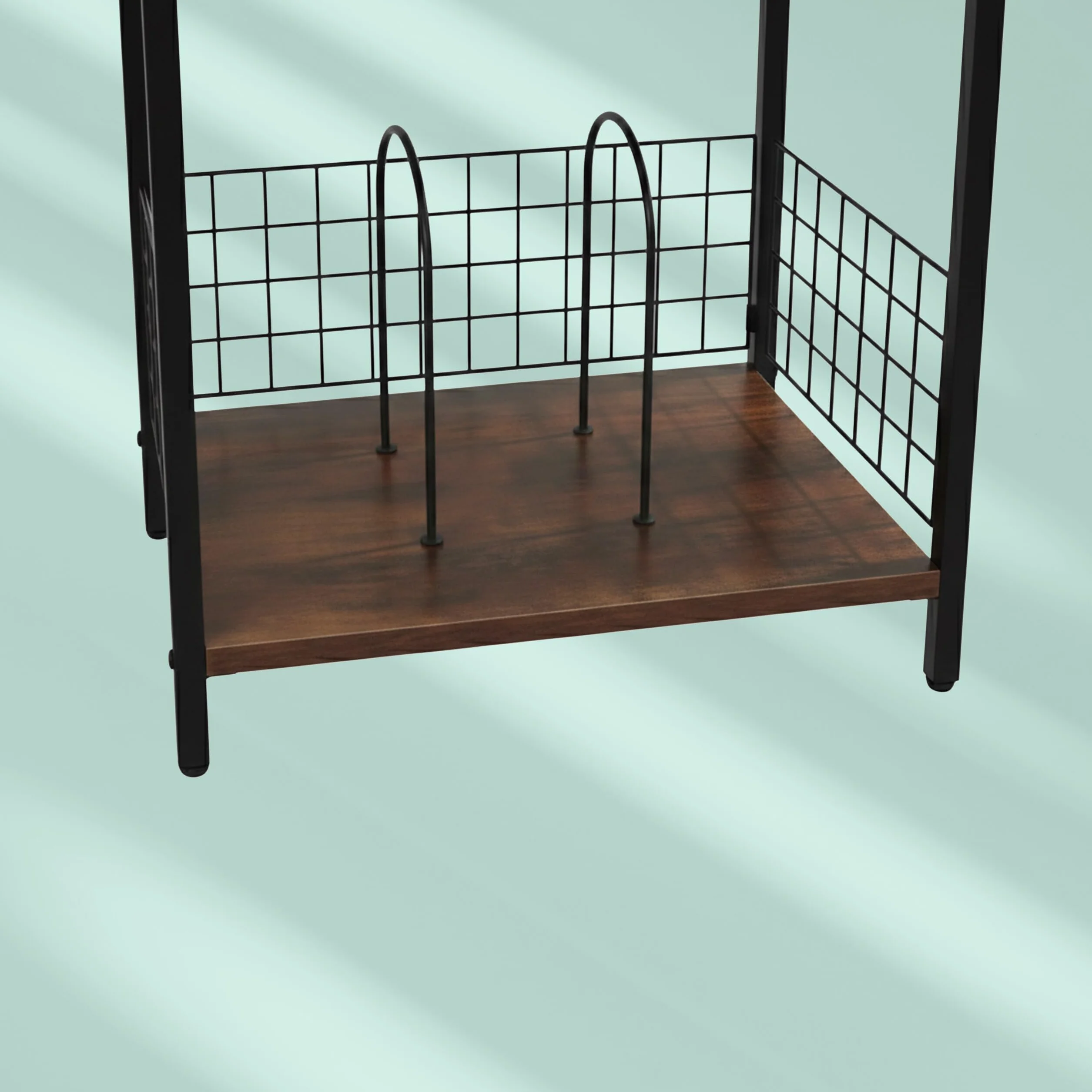 Relaxdays Stojak gramofonowy z przegrodami, 3 poziomy, żelazny/MDF, 65 x 40 x 30 cm, brązowy/czarny regał na płyty
