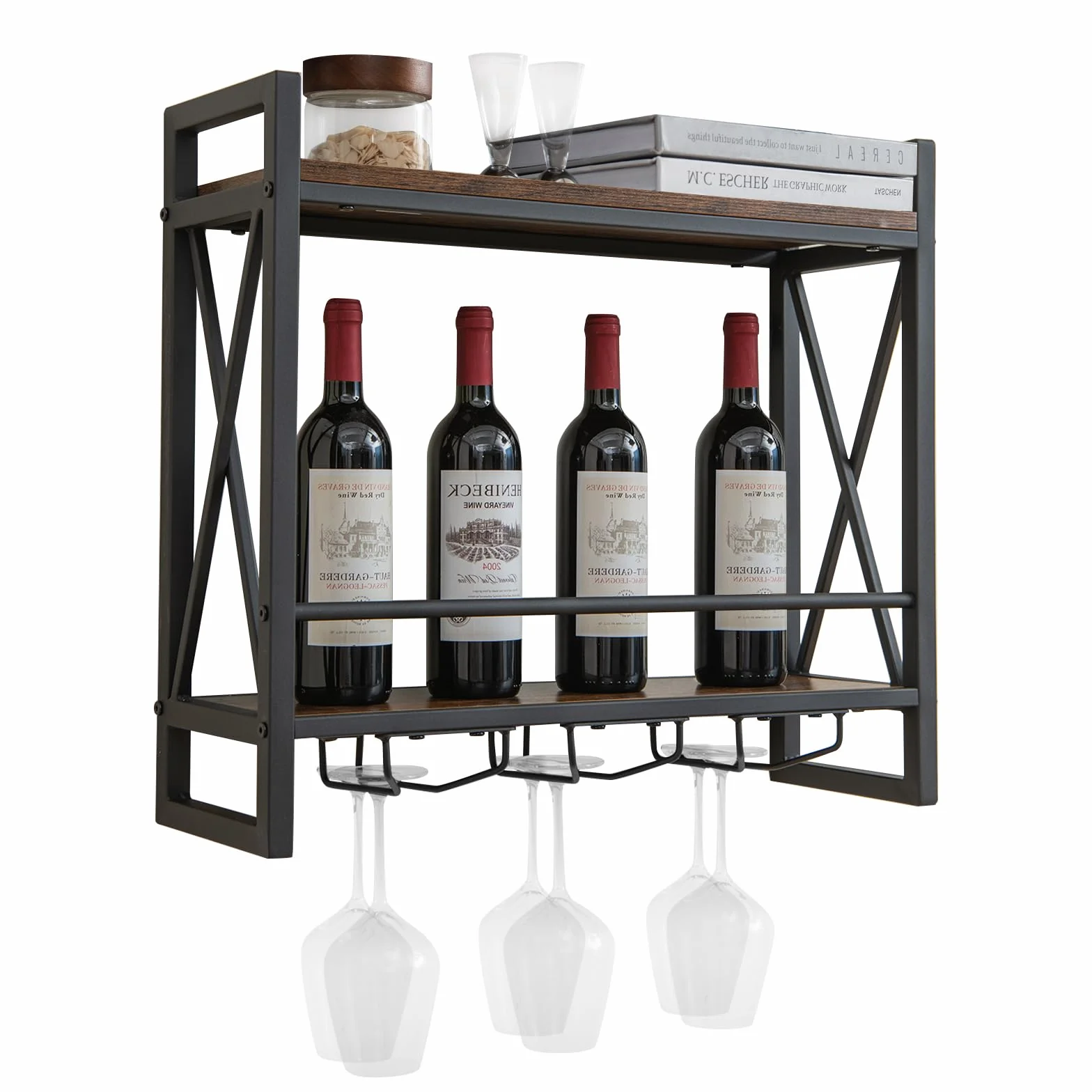 KOMFOTTEU Regał ścienny na wino drewniany z metalową ramą 60 x 20 x 55 cm