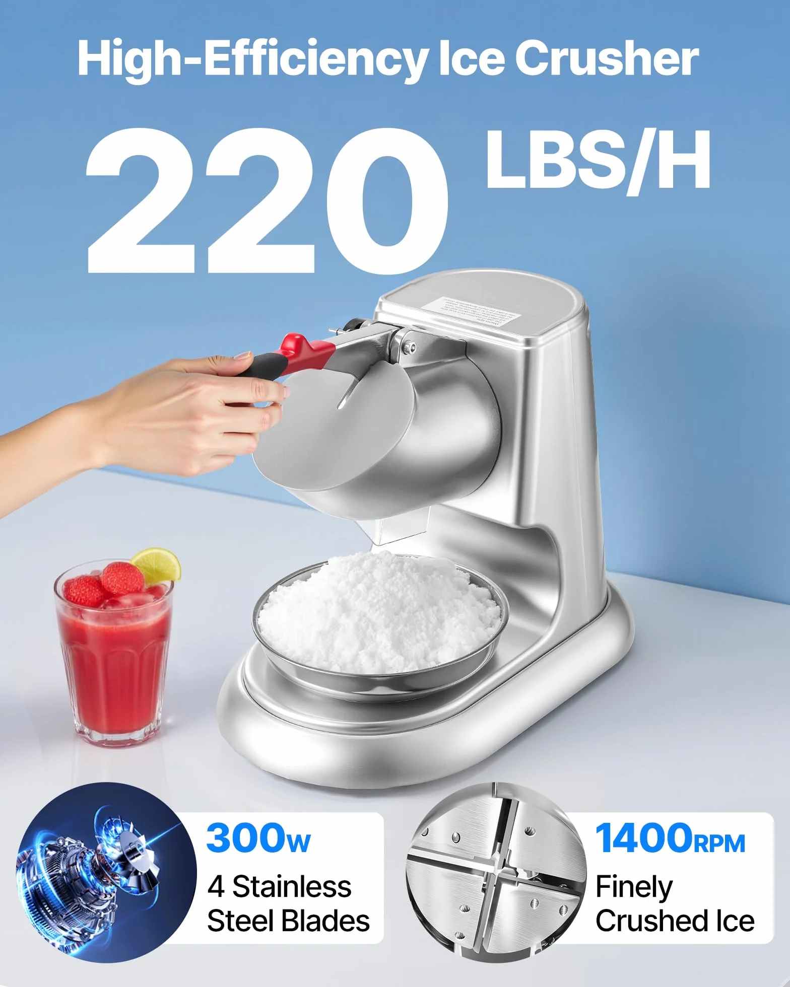 VEVOR Komercyjna kruszarka do lodu 100 kg/h, elektryczna maszynka do stożków śniegu, stal nierdzewna, 300 W, 2000 obr./min