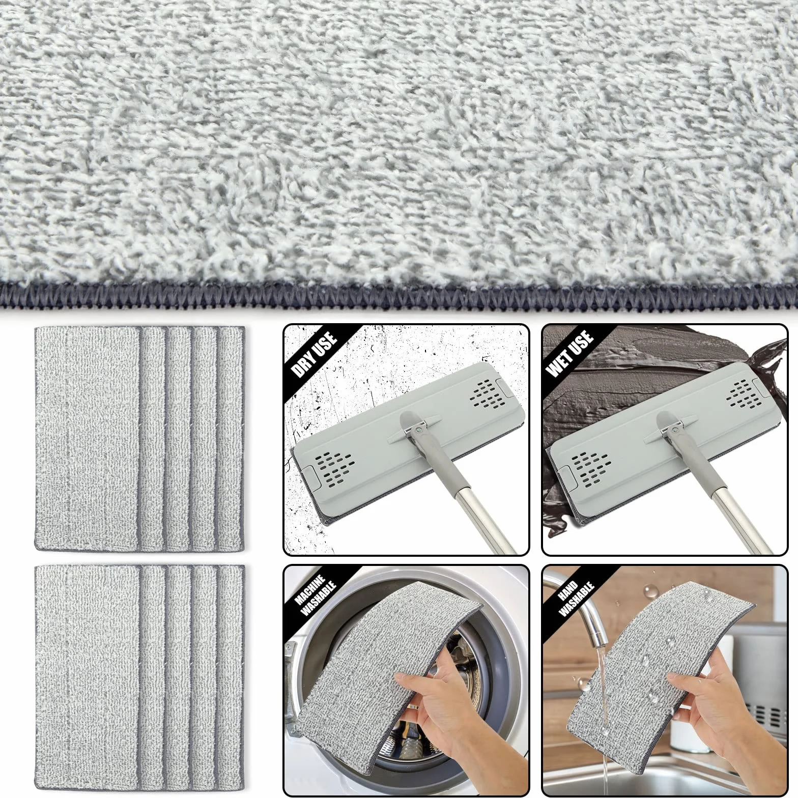 ASelected Płaski mop i wiadro z 10 podkładkami z mikrofibry, uchwyt ze stali nierdzewnej 123 cm, zestaw do mycia podłóg