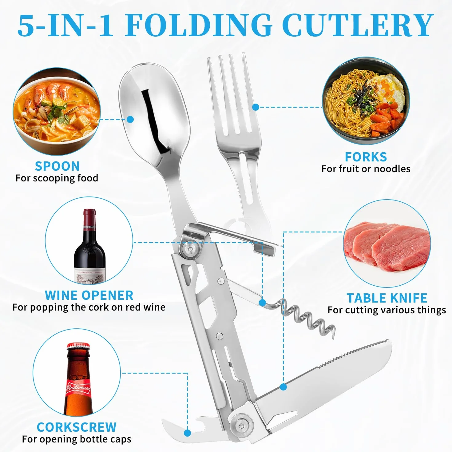 Outdoor Camping Utensil Zastawa stołowa, Sztućce ze stali nierdzewnej 5 w 1 składan,100% bezpieczne dla żywności,przenośny zestaw sztućców ze stali nierdzewnej do podróży, z etui ze sznurkiem