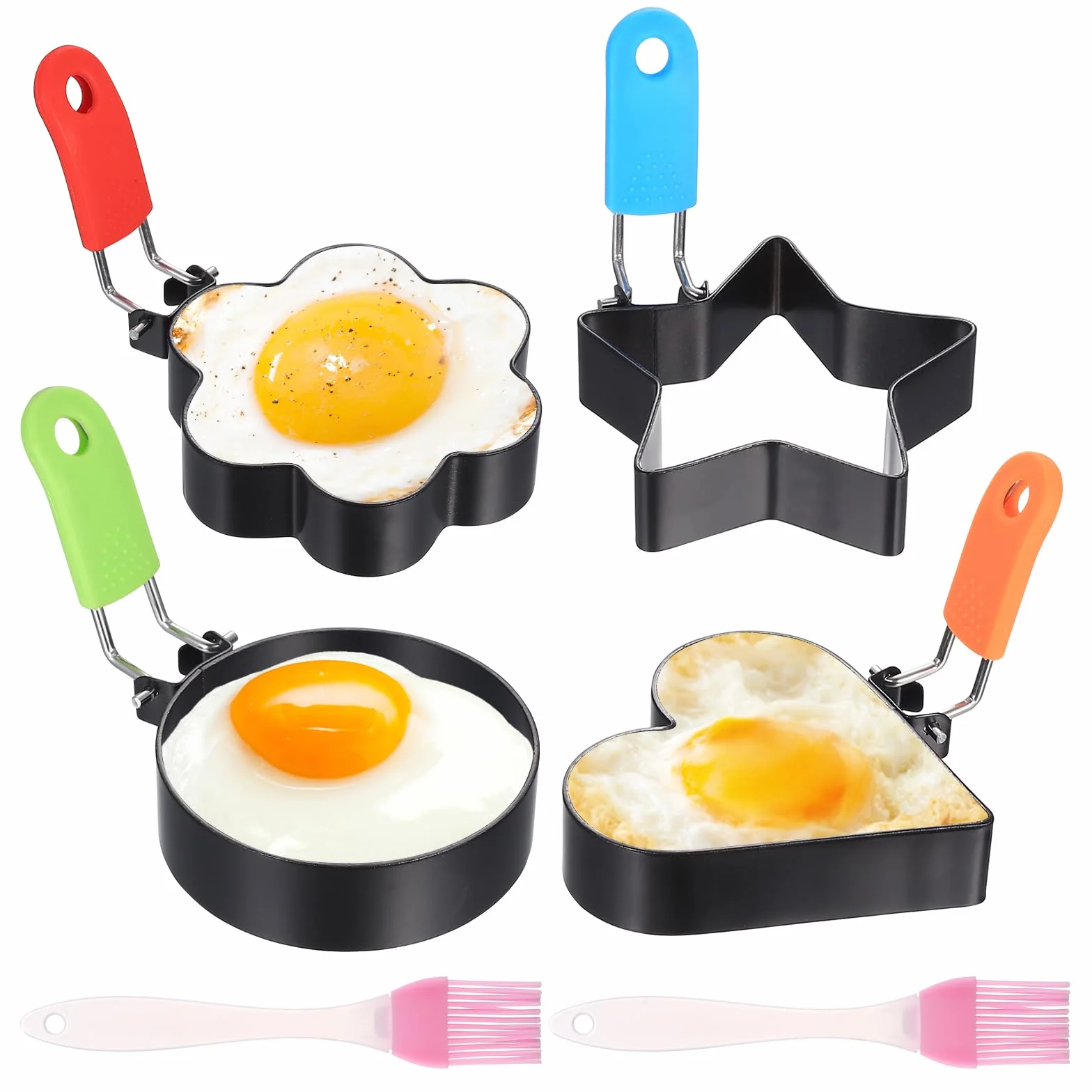 4 sztuki foremek do jajek sadzonych, do smażenia na patelni, do omletów ze stali nierdzewnej, do jajek sadzonych, nieprzywierających, z uchwytem, do omletów, naleśników + 2 szczotki do oleju