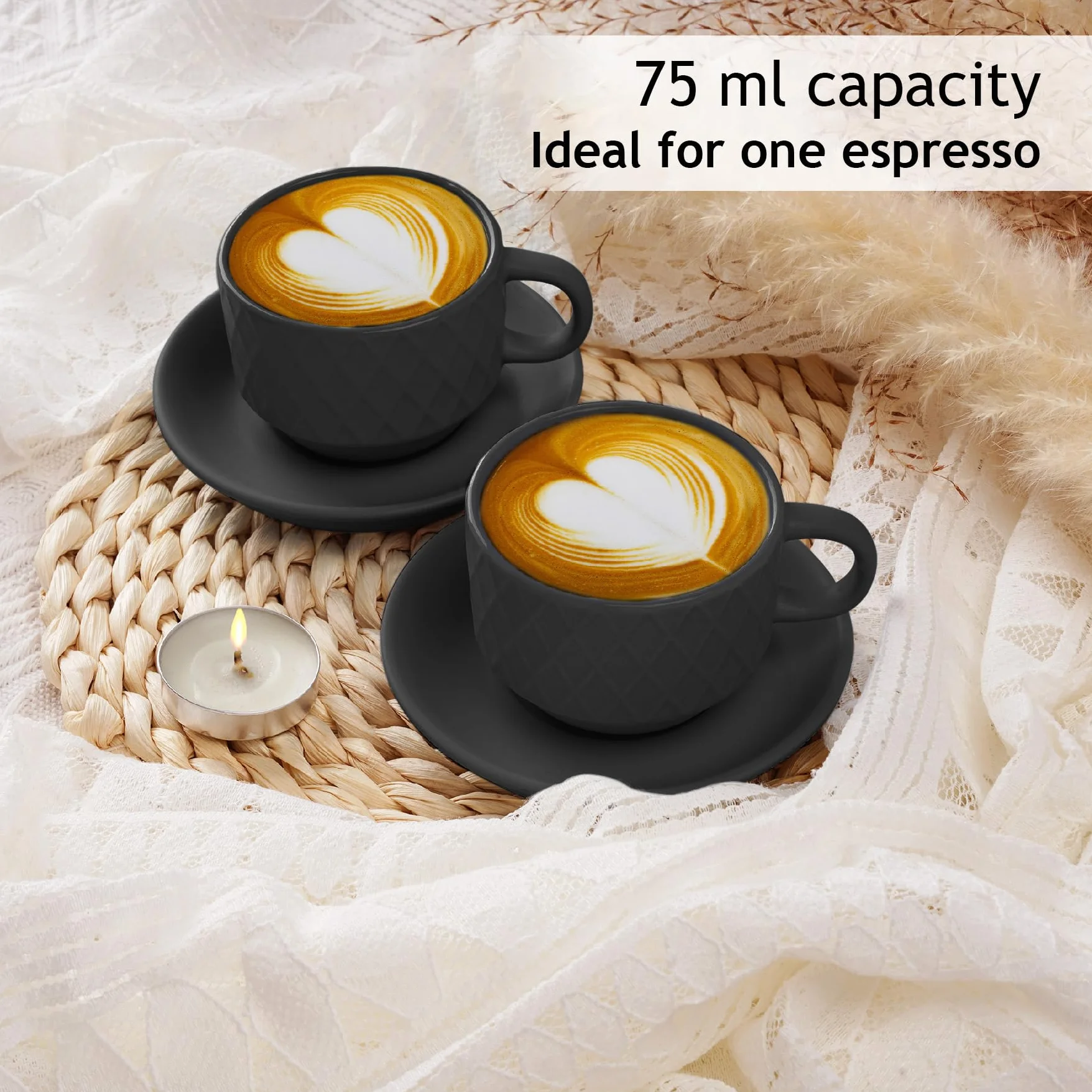 MIAMIO 6 x 75 ml kamionkowy kubek do espresso zestaw ze stojakiem i spodkami Palmanova czarny