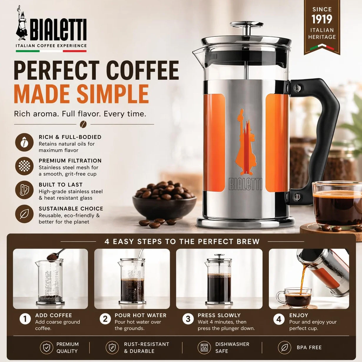 Bialetti Zaparzacz do Kawy, Czarny/Srebrny, 1 l