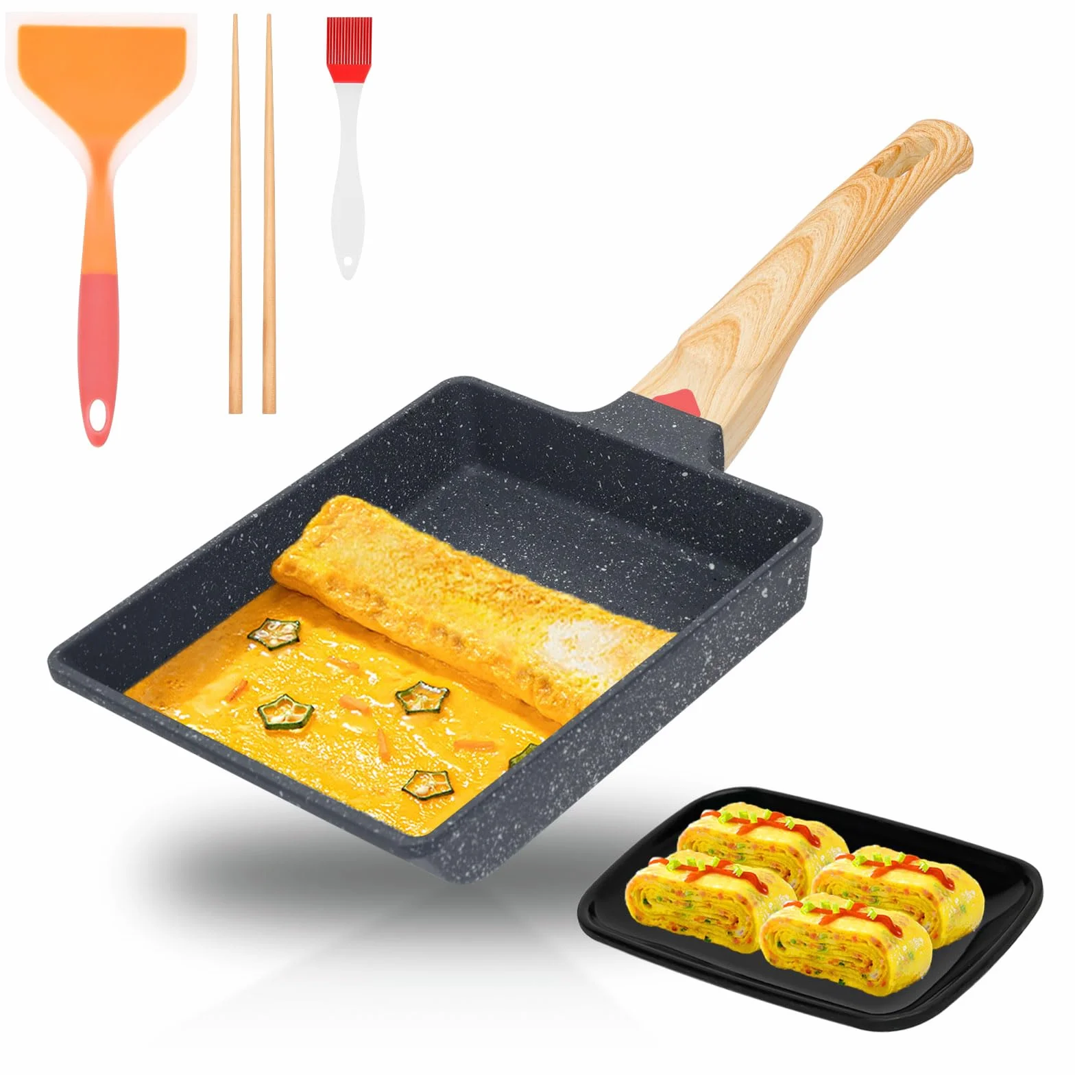 Tamagoyaki patelnia japońska do omletów, nieprzywierająca, prostokątna patelnia do gotowania na kuchenkach indukcyjnych i gazowych, w zestawie pędzel do smaru, silikonowa szpatułka, talerz