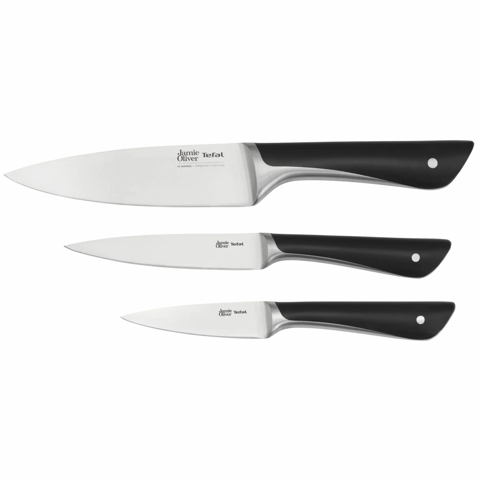 TEFAL K267S3 Jamie Oliver 3-częściowy zestaw noży | nóż szefa kuchni | nóż uniwersalny | wysoka wydajność cięcia | niepowtarzalny design | wytrzymałe ostrza | stal nierdzewna/czarna