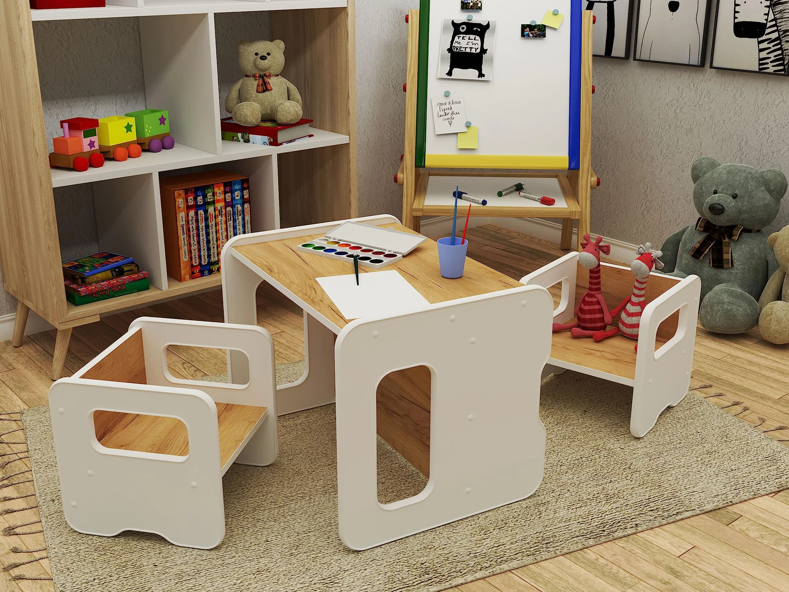 defiPad Taboret dwustronny dla dzieci od 1 roku życia drewniany krzesło przekształcane w stół Montessori