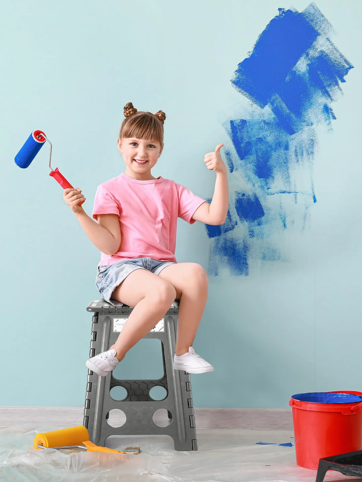 HOUSE DAY Składany stołek 43 cm dla dorosłych – duży, wytrzymały, plastikowy, składany, lekki stołek, łatwy do przenoszenia, do użytku wewnątrz i na zewnątrz, szary