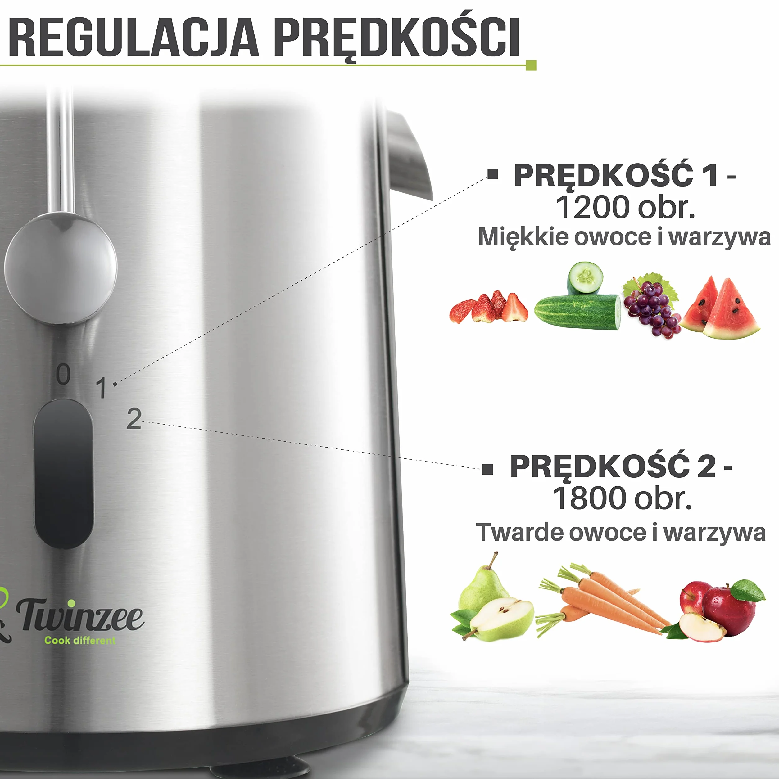 Twinzee Odśrodkowa sokowirówka 850 W 2 poziomy prędkości 75 mm