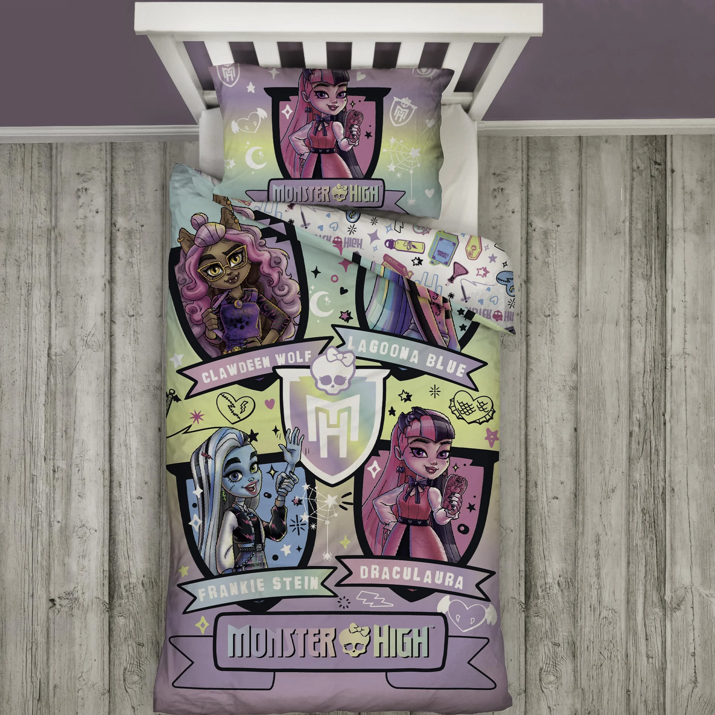 Character World Monster High oficjalnie licencjonowany zestaw poszewek na kołdrę z motywem dzikiego designu, dwustronna, 2-stronna pościel dla lalek z pasującą poszewką na poduszkę, idealna do