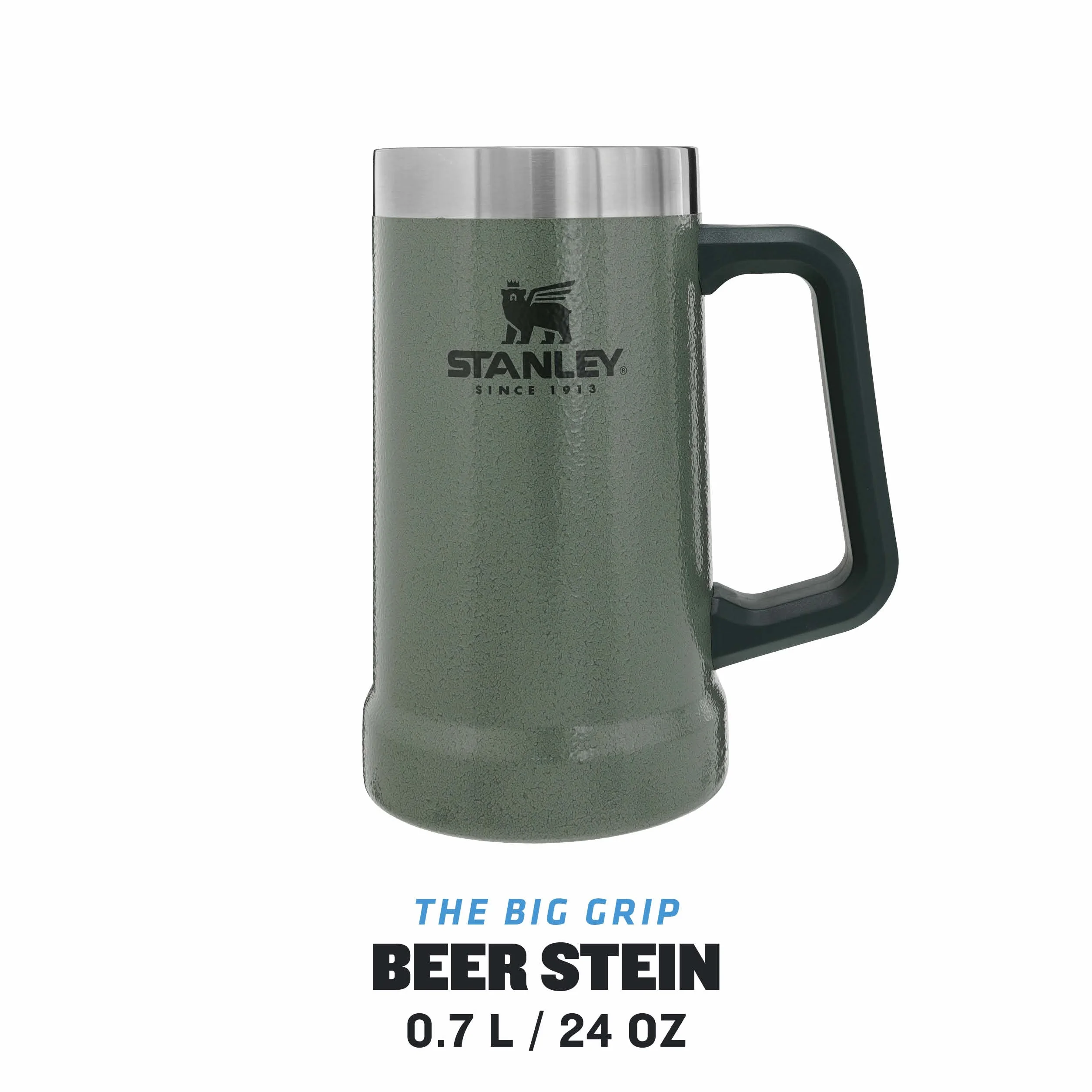 Stanley 1913 Adventure Vacuum Stein 0.7L Hammertone Green - Utrzymuje zimne piwo przez 7 godzin - Kufel do piwa ze Stali Nierdzewnej z pokrywką i uchwytem - Do Mycia w Zmywarce